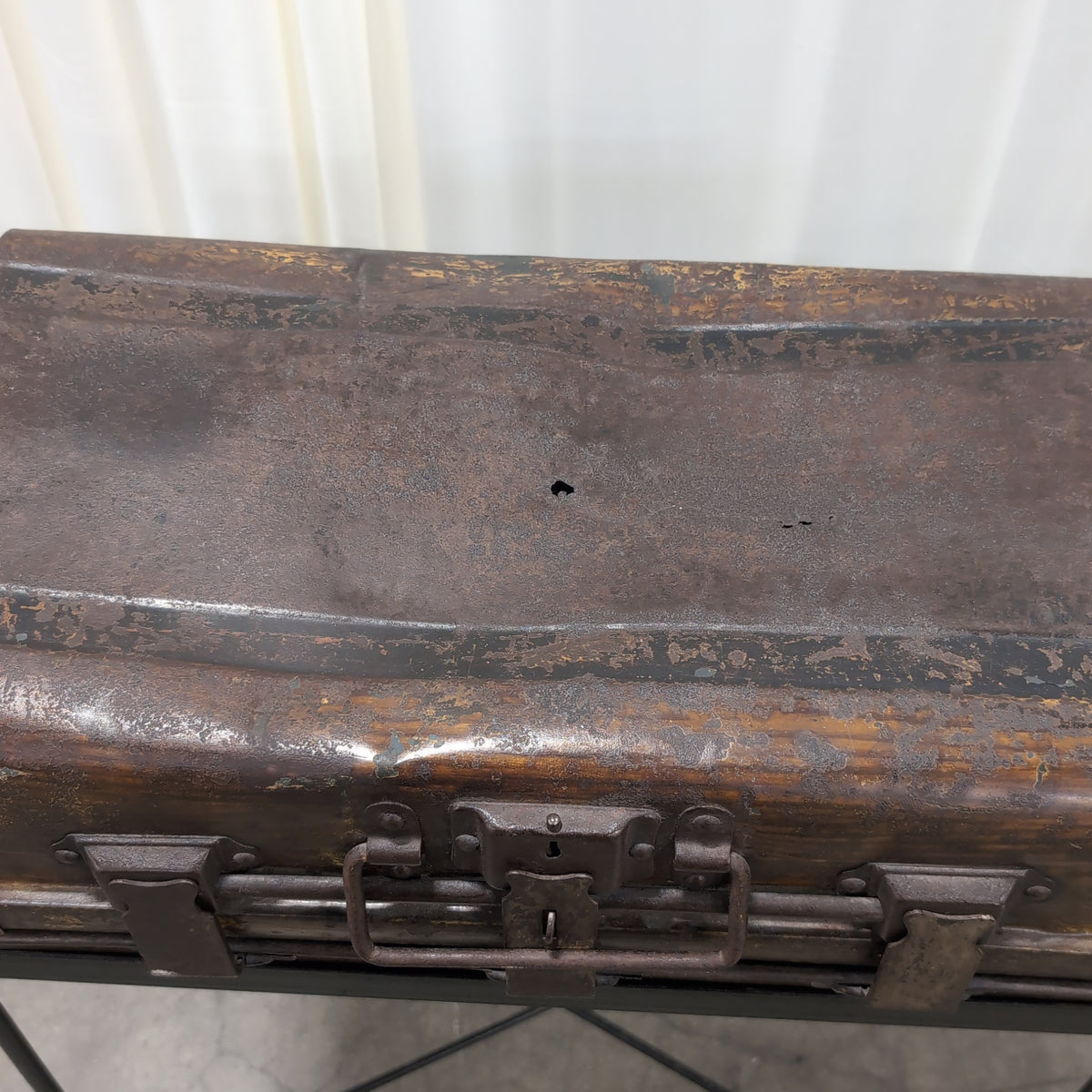 Rustic Brown Metal Trunk on Metal Stand