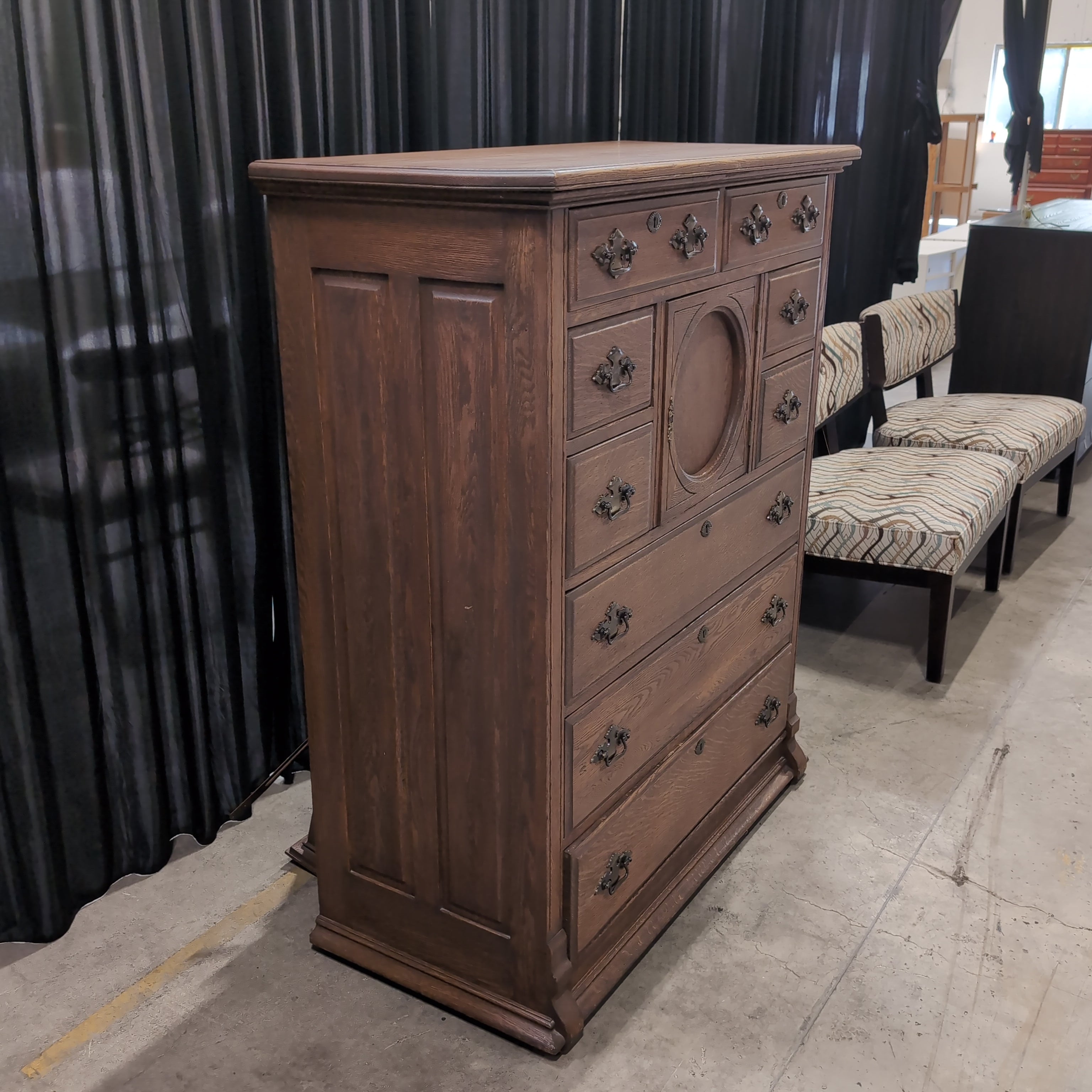 Antique Dark Wood Dresser with Ornate Mirror