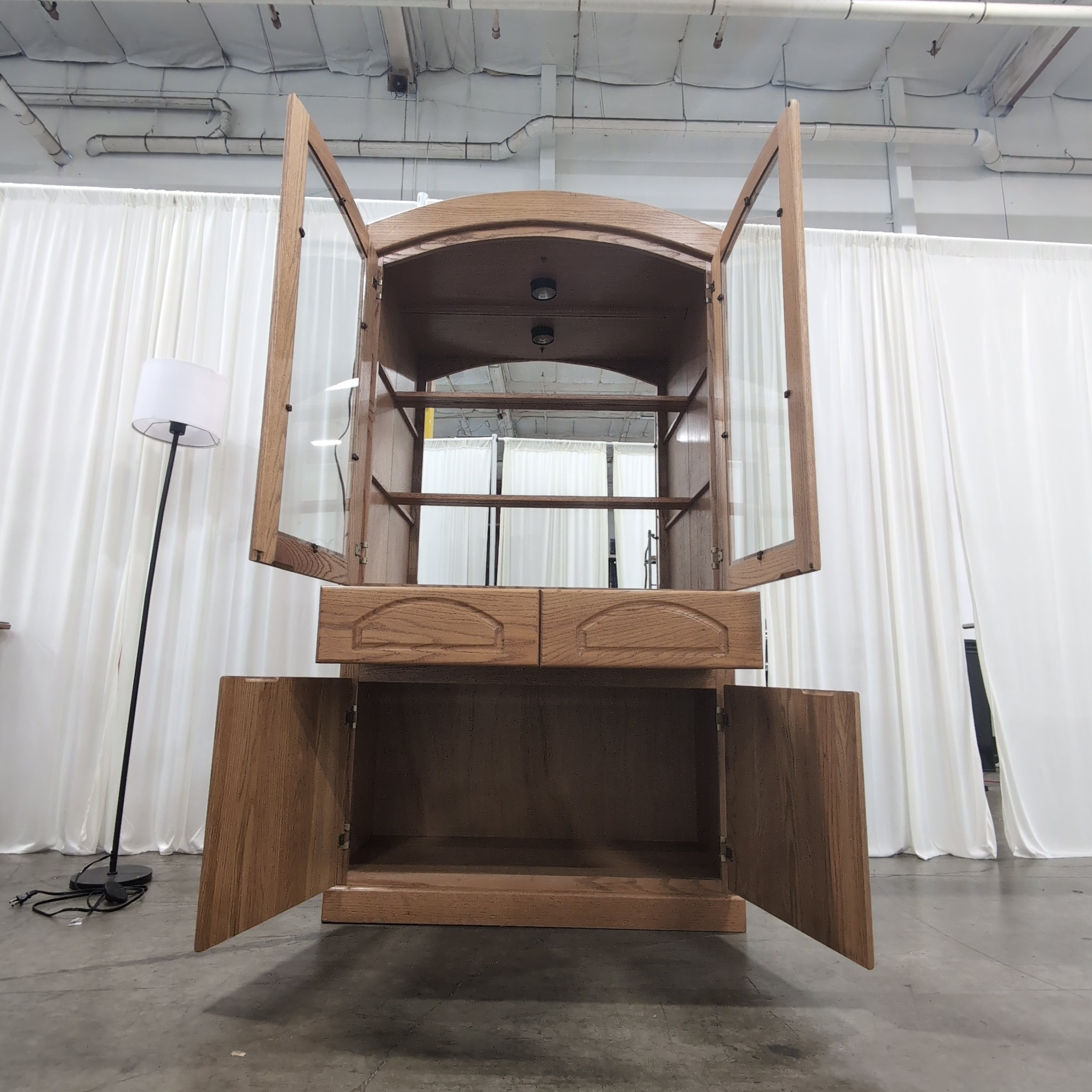 Arched Top Oak Wood China Cabinet with Glass Doors