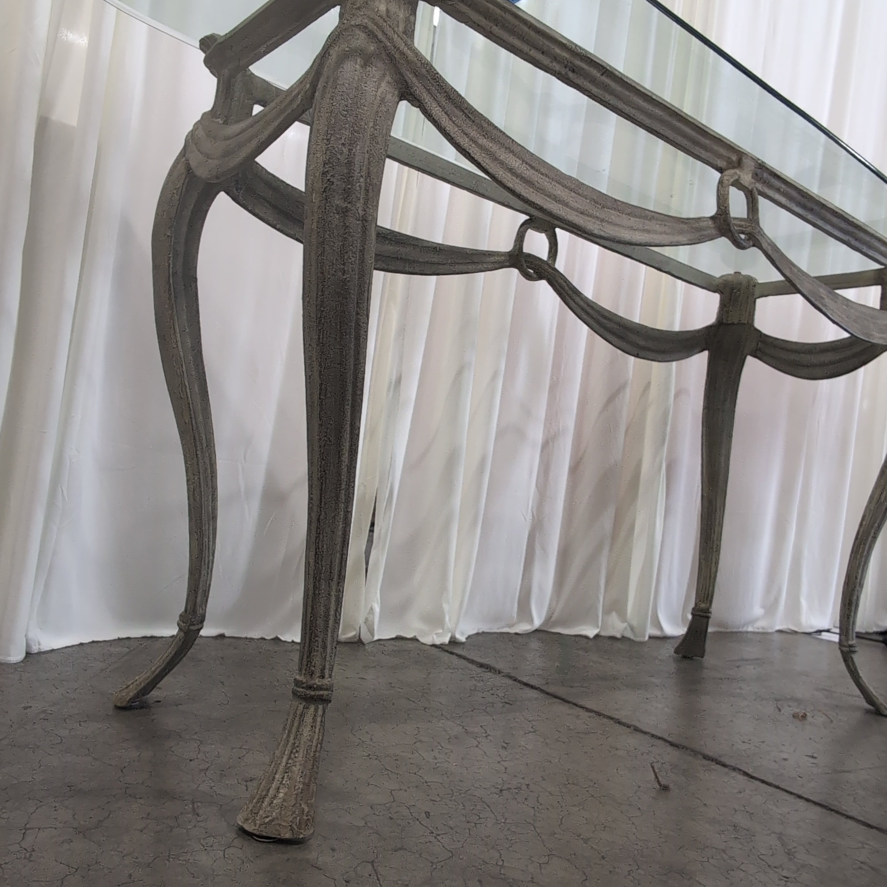 Distressed Gold Metal Console Table with Glass Top