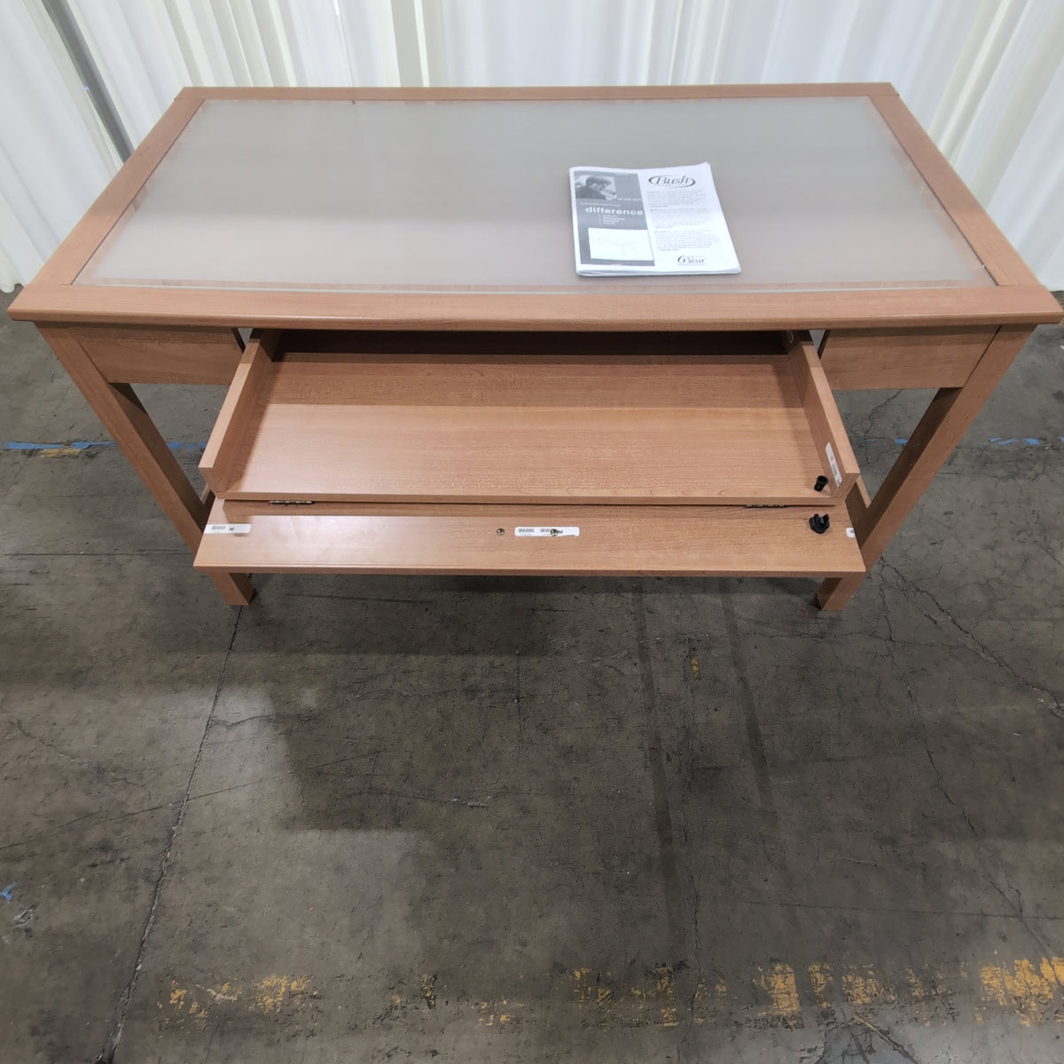 Natural Wood Two-Drawer Desk with Frosted Glass Top