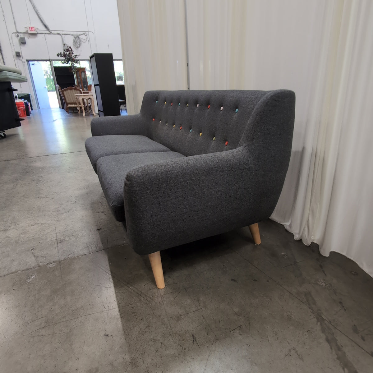 Mid-Century Gray Fabric Couch with Colorful Buttons