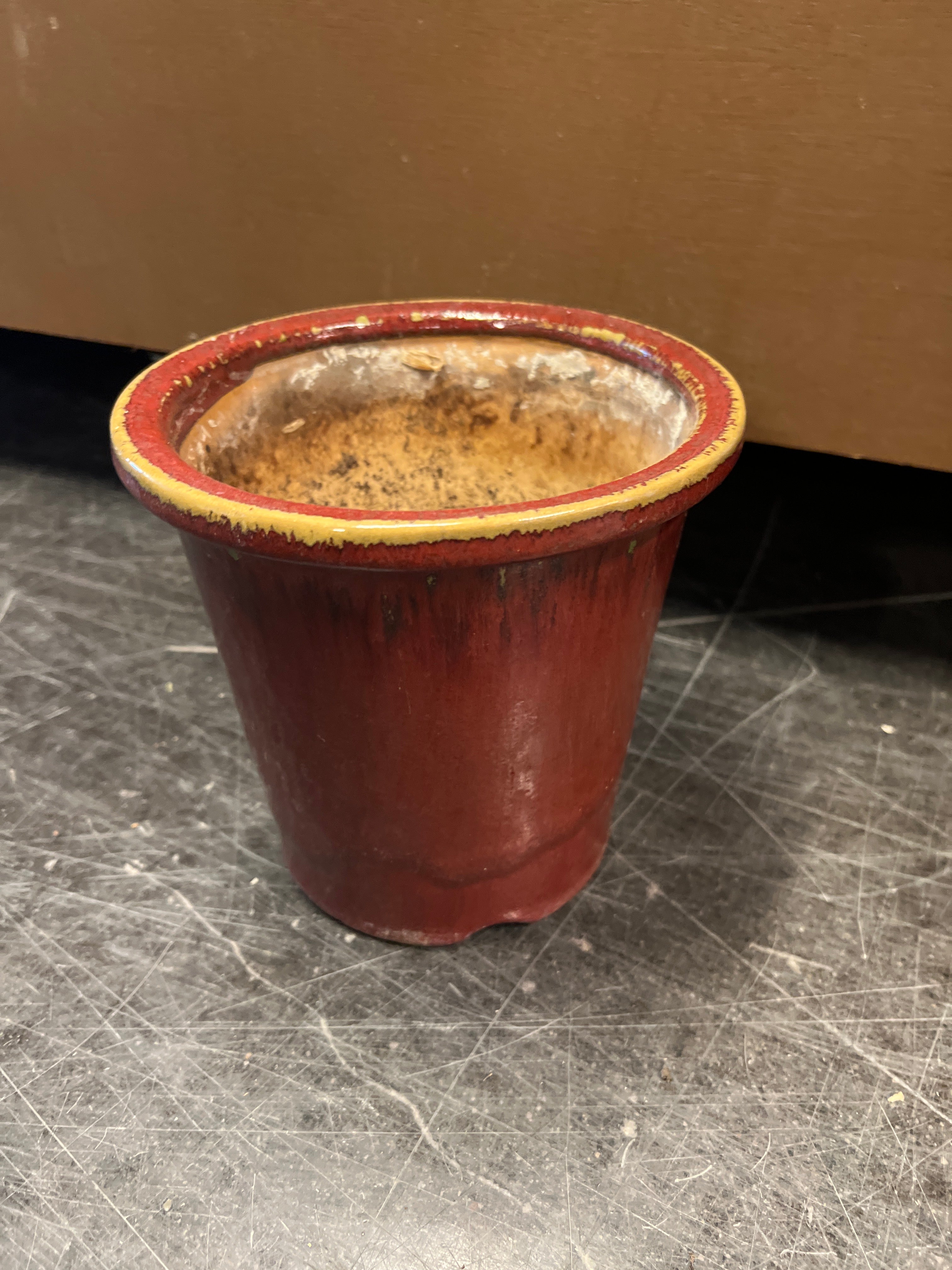 Small Burgundy Ceramic Planter with Yellow Rim