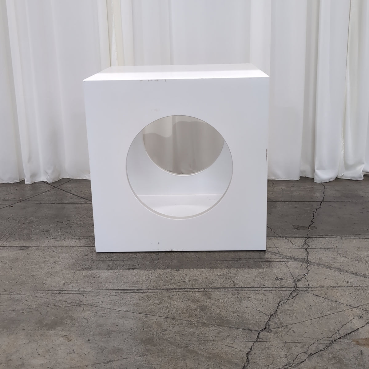 White Cube End Table with Circular Cutout
