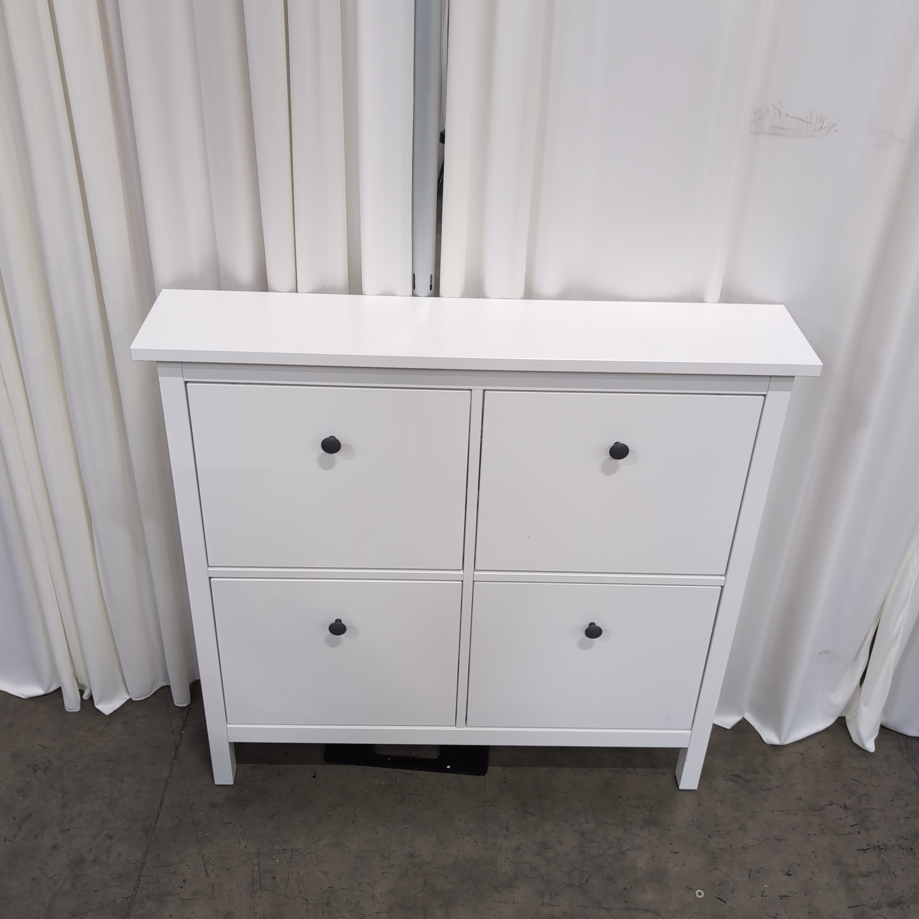 White Four-Compartment Shoe Cabinet with Black Handles