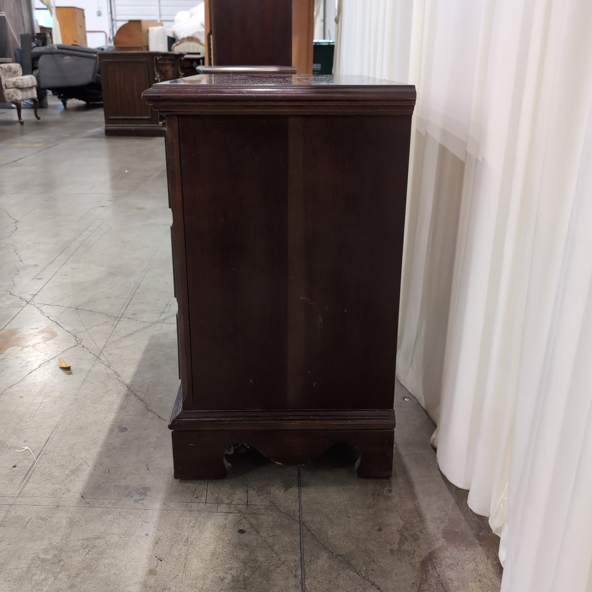 Mahogany Finish Three-Drawer Nightstand with Ornate Hardware