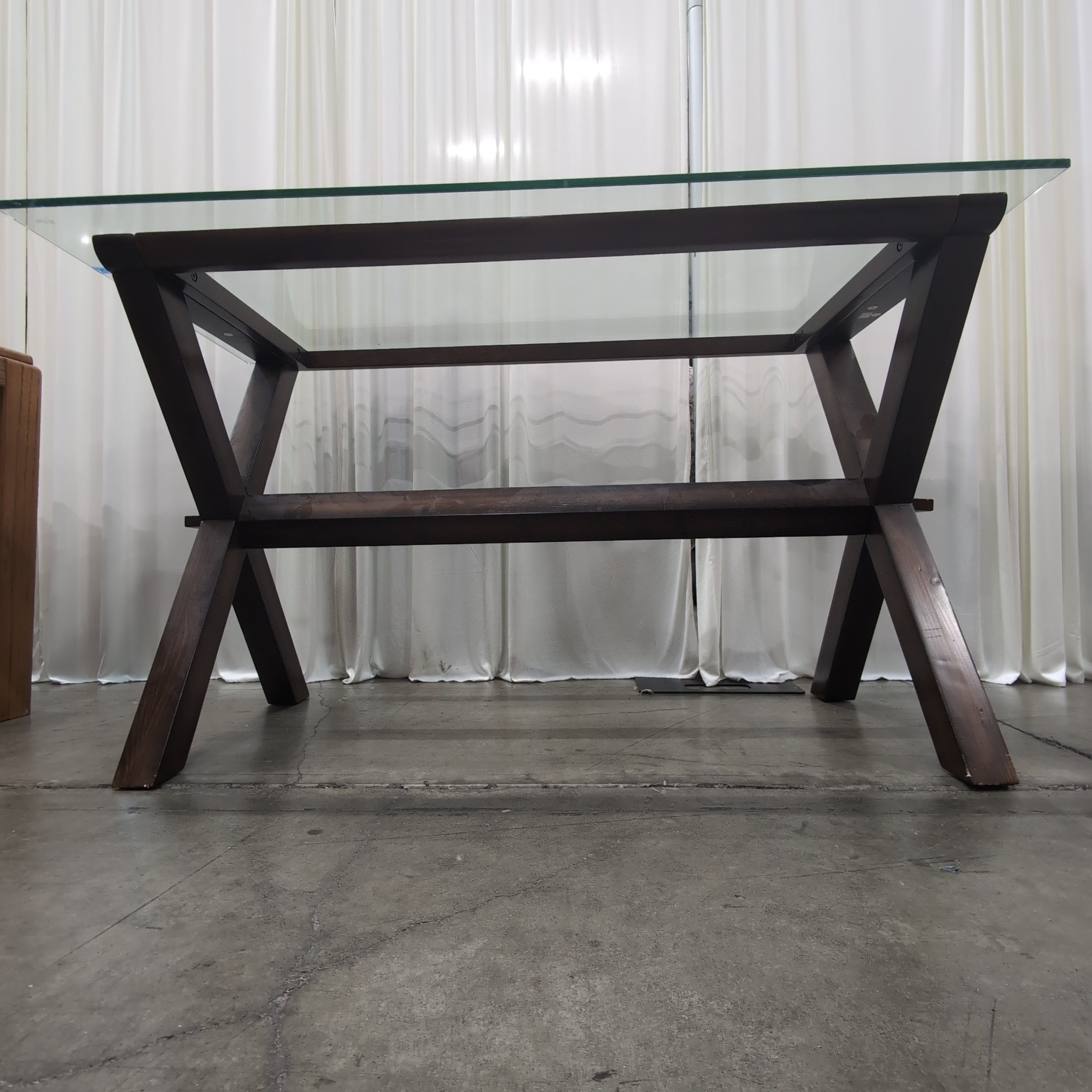 Dark Wood X-Base Console Table with Glass Top