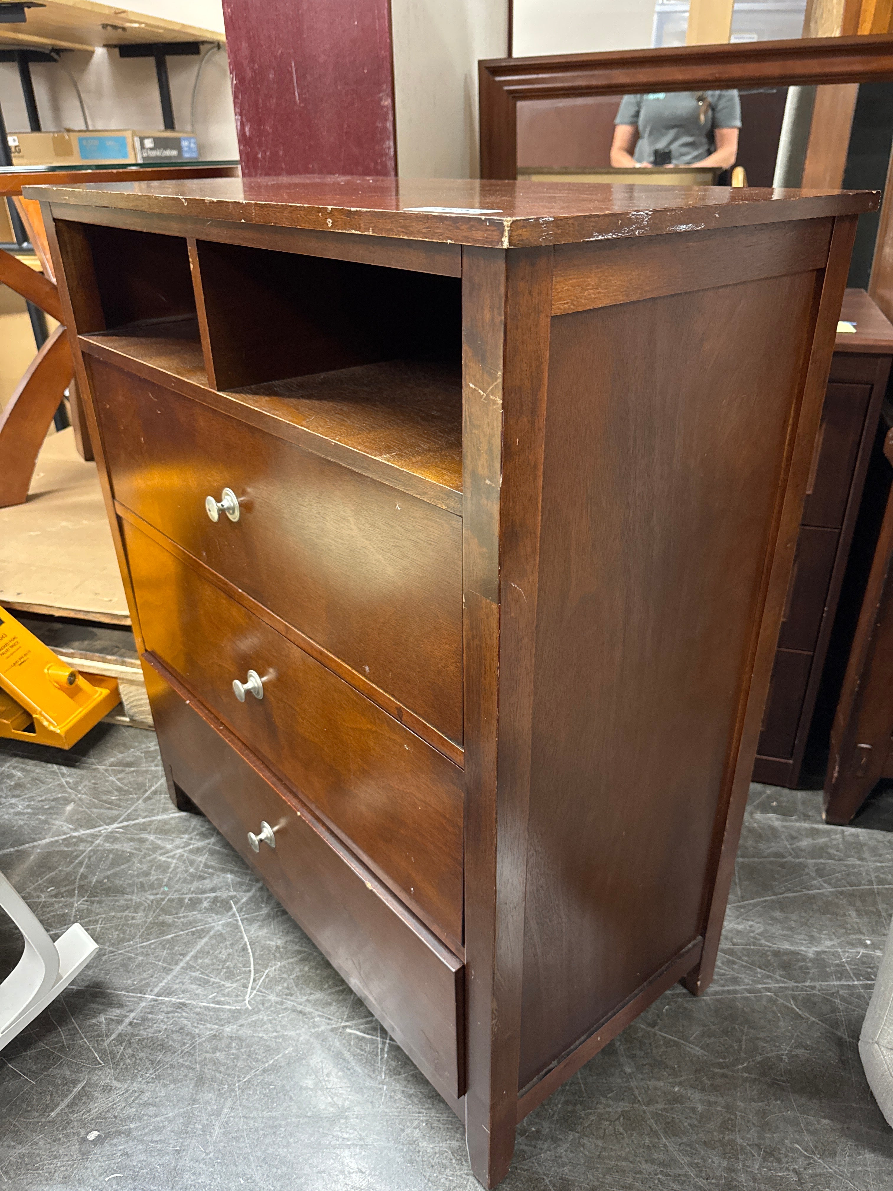 Rich Hardwood Three-Drawer Chest with Media Shelf