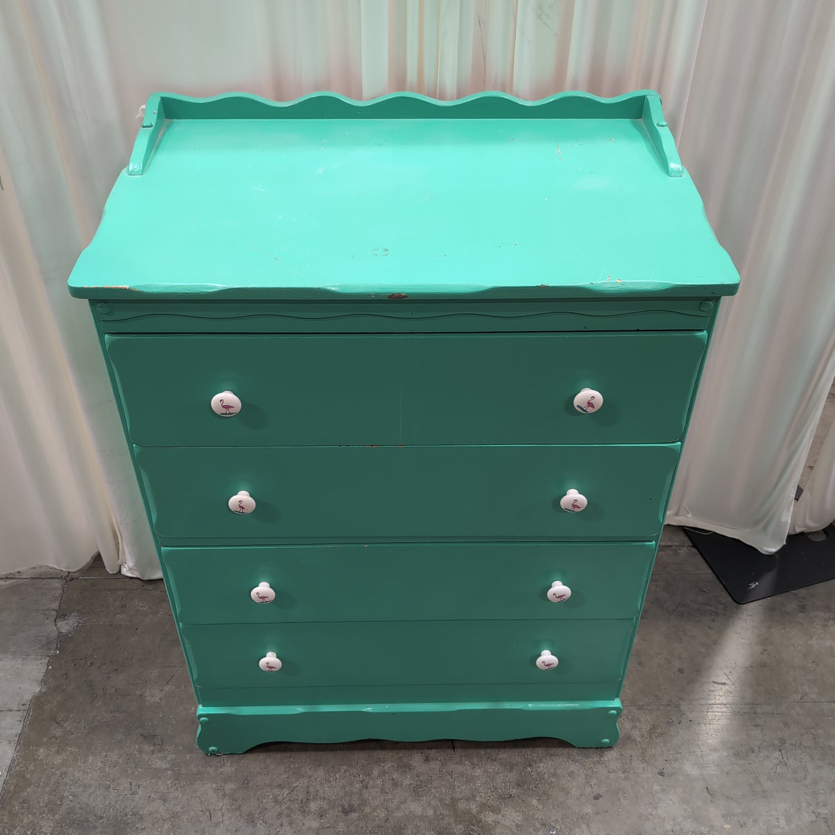 Teal Painted Wood Dresser with Scalloped Top