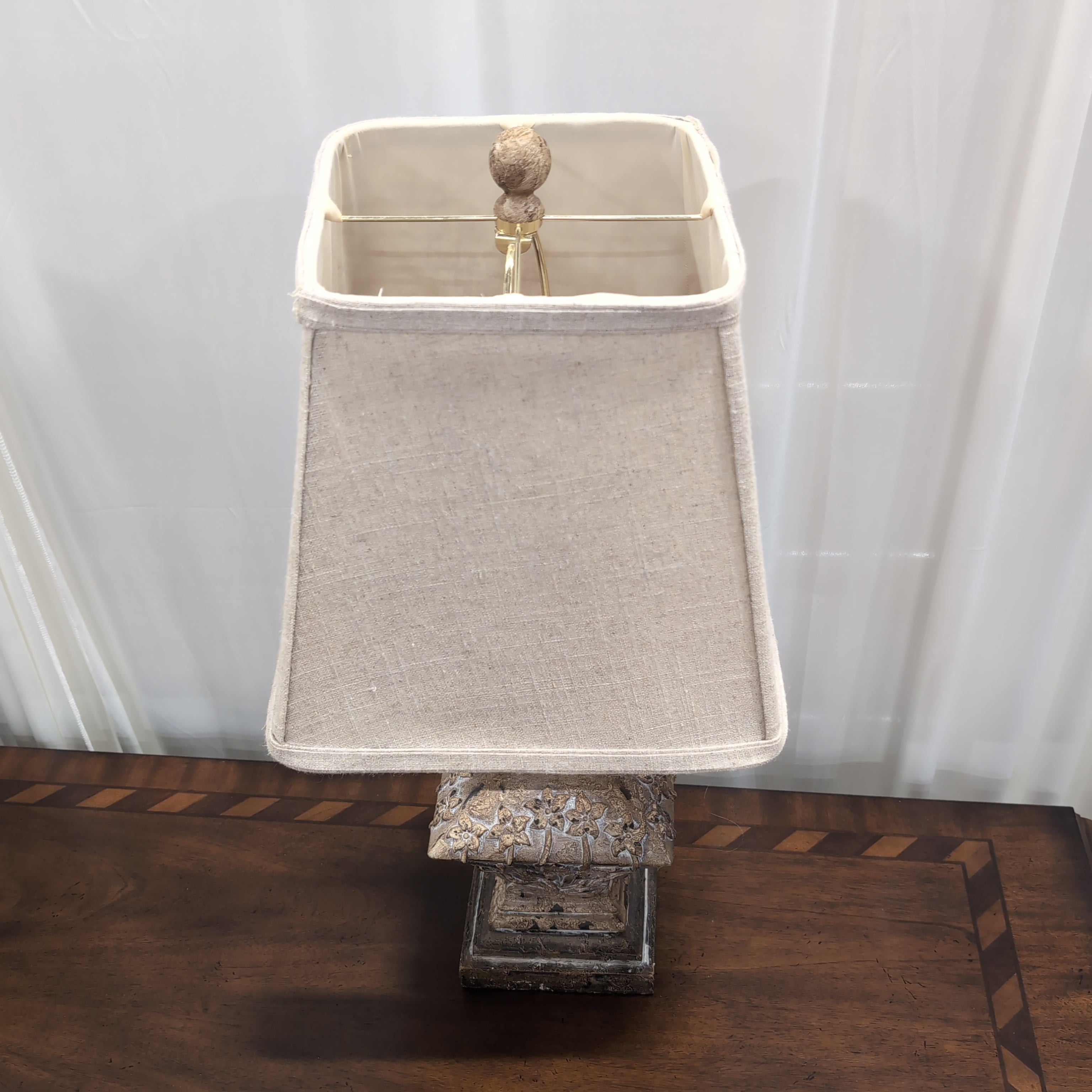 Ornate Distressed Brown Table Lamp with Fabric Shade