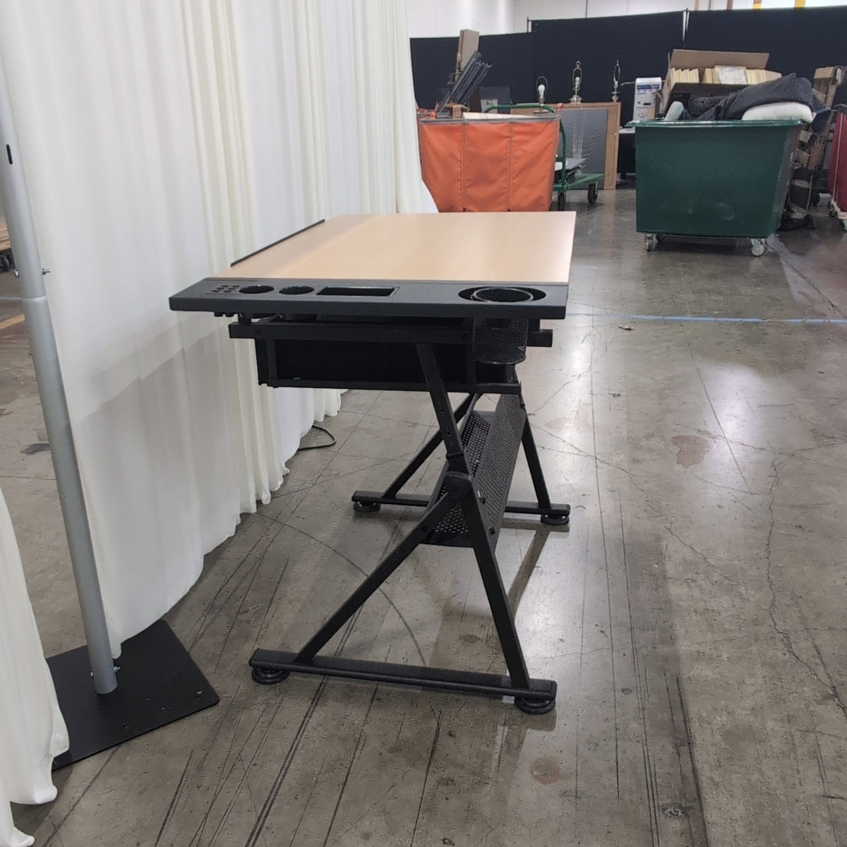 Adjustable Light Wood-Tone Drafting Desk with perforated shelf