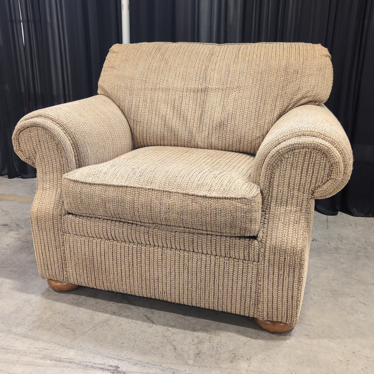 Tan Textured Fabric Armchair with Rolled Arms