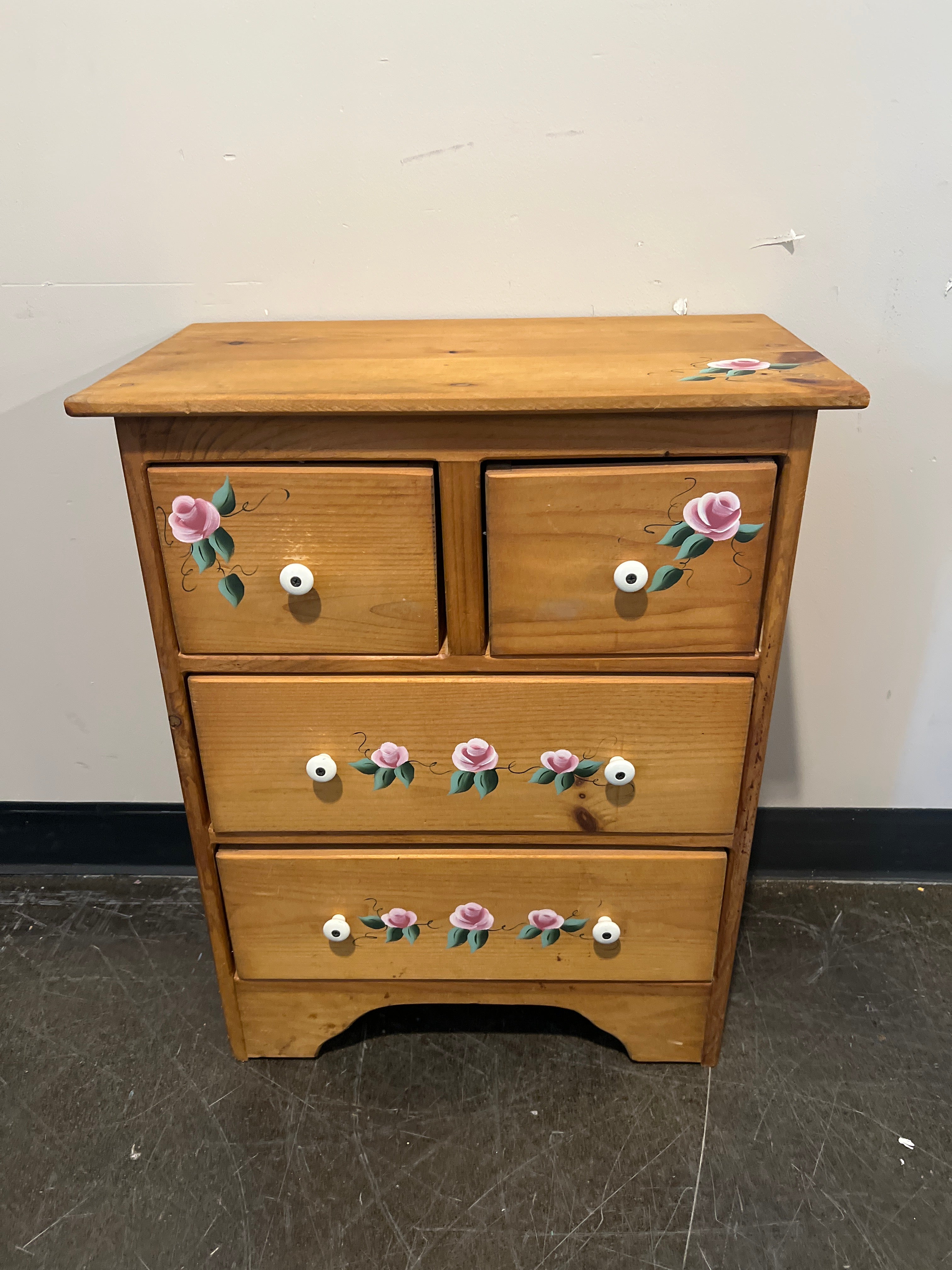 Hand-Painted 4-Drawer Pine Dresser with Floral Accents