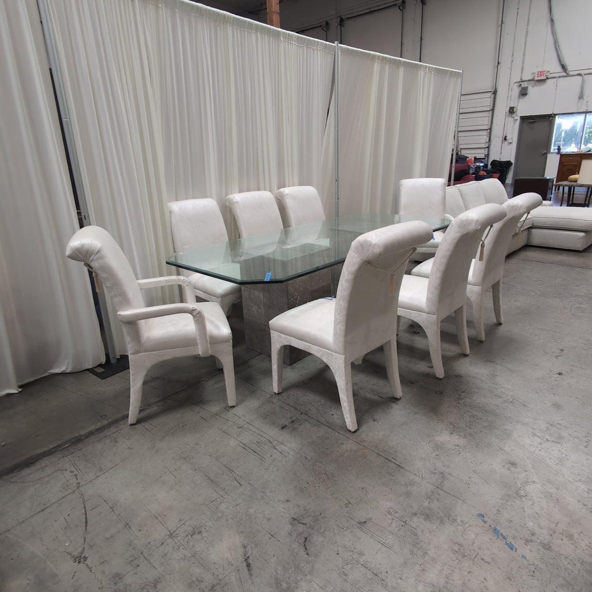 Glass Top Stone Base Dining Table with Eight Upholstered Chairs