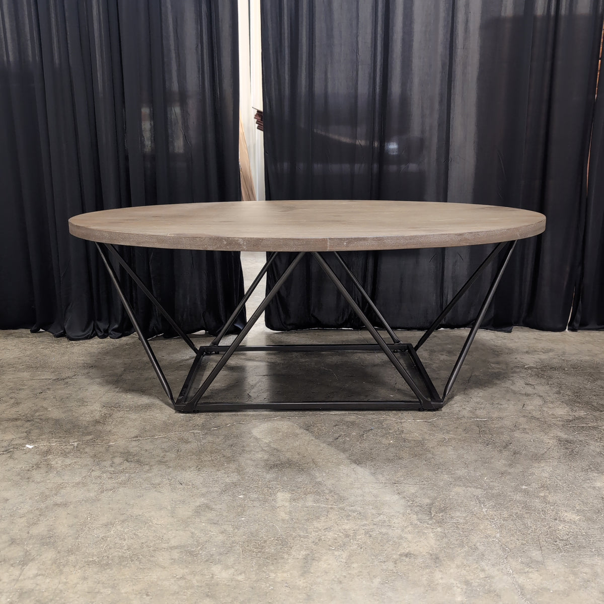 Oval Grey Wood Coffee Table with Geometric Metal Base