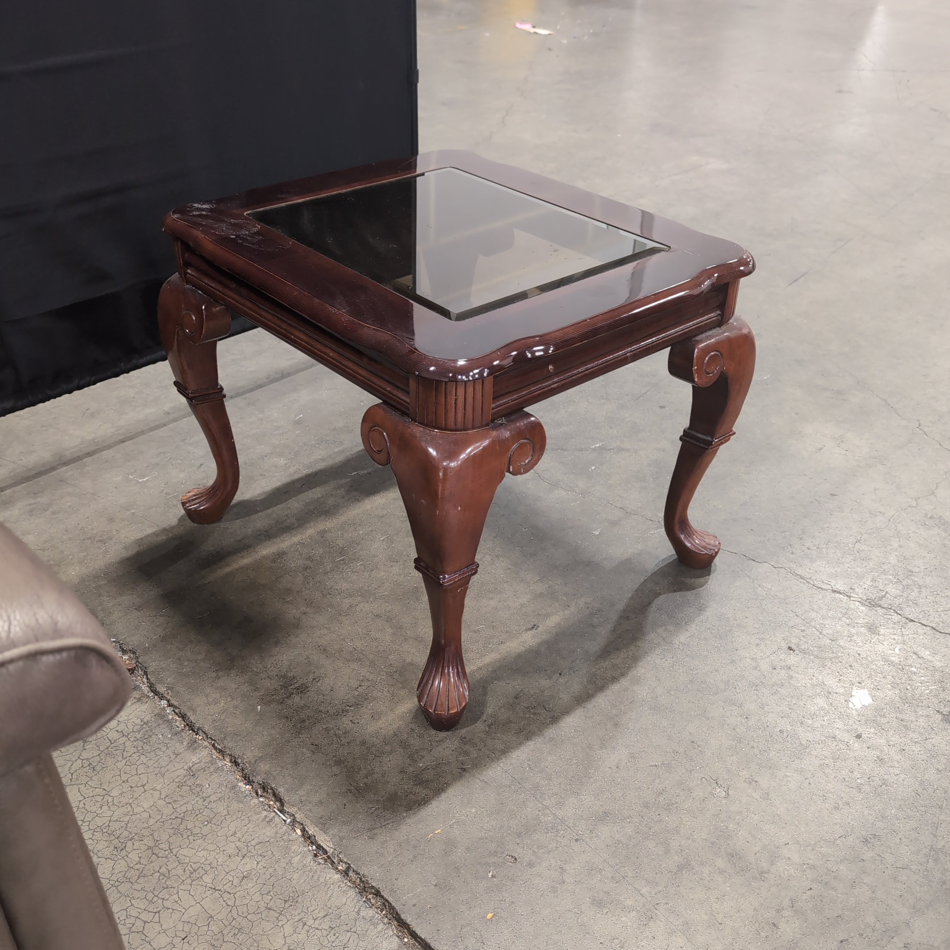 Dark Wood Traditional Square End Table with Glass Top