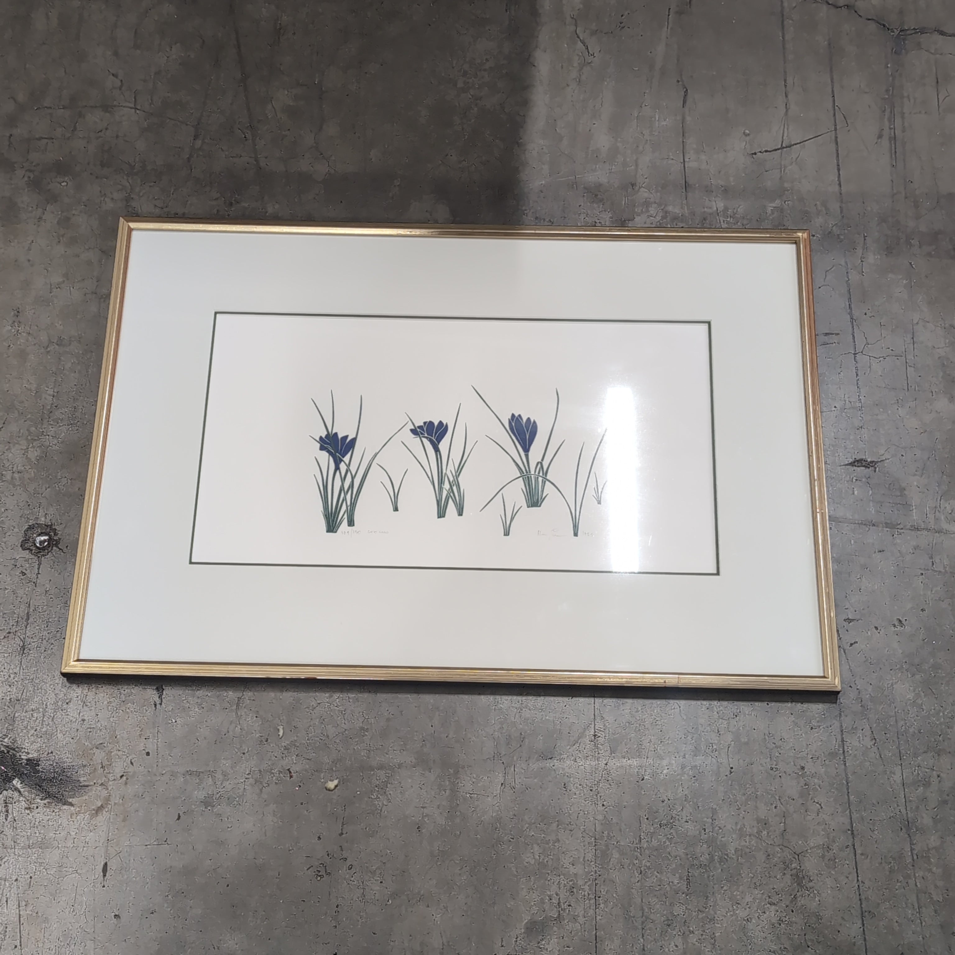 Gold-Toned Framed Botanical Print with Blue Flowers