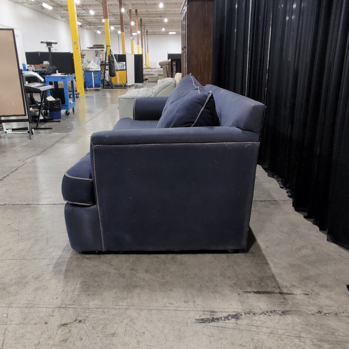 Bench Craft Navy Blue Velvet-like Fabric Rolled Arm Couch with Contrast Piping