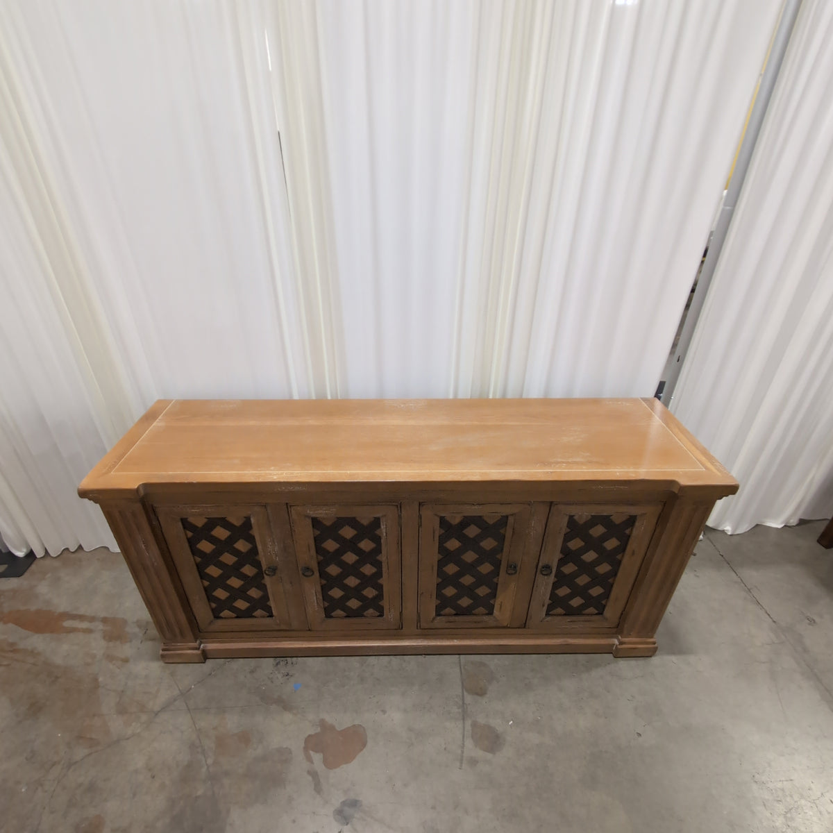 Light Wood Four-Door Buffet with Lattice Panels