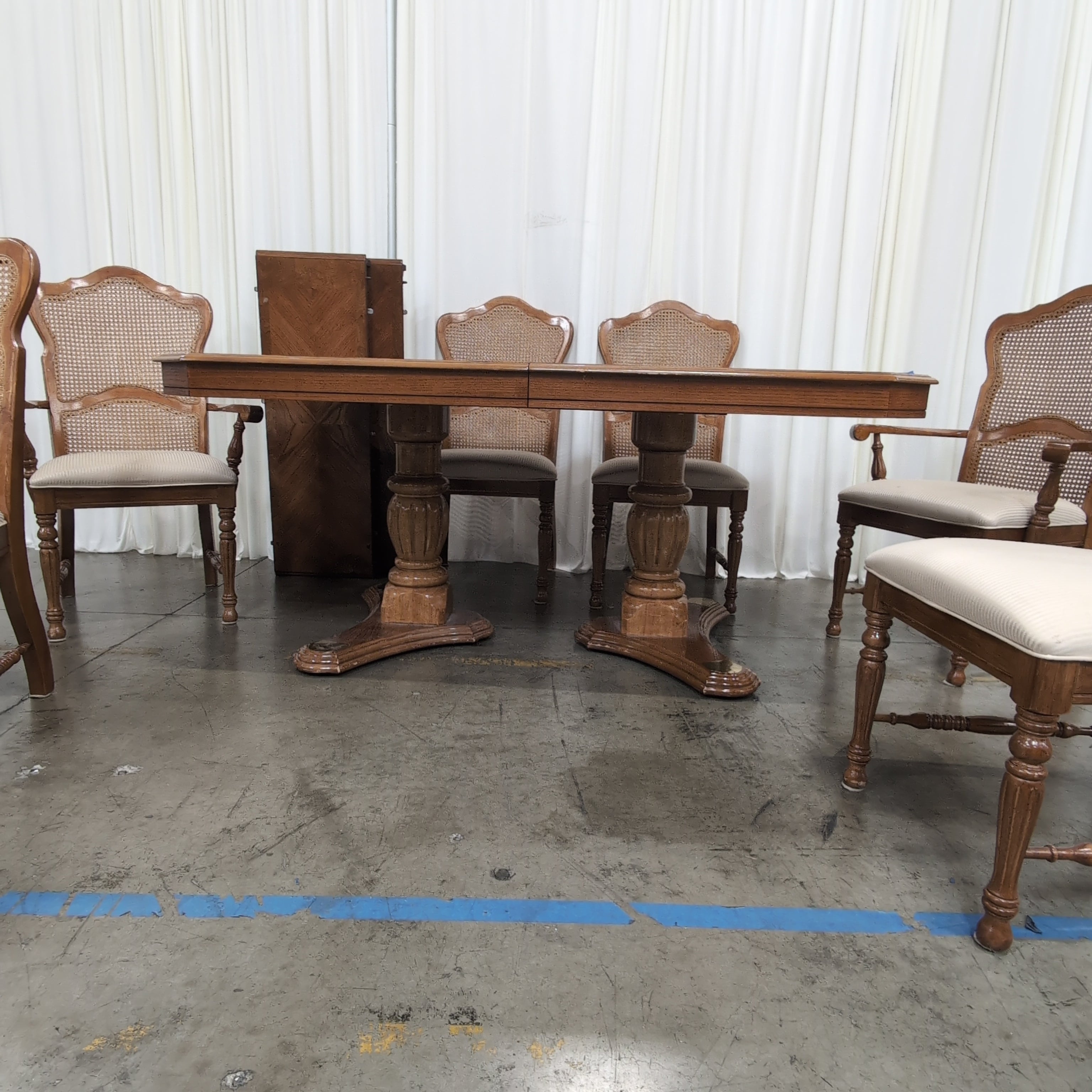 Traditional Cane Back Wood Dining Table with Six Chairs