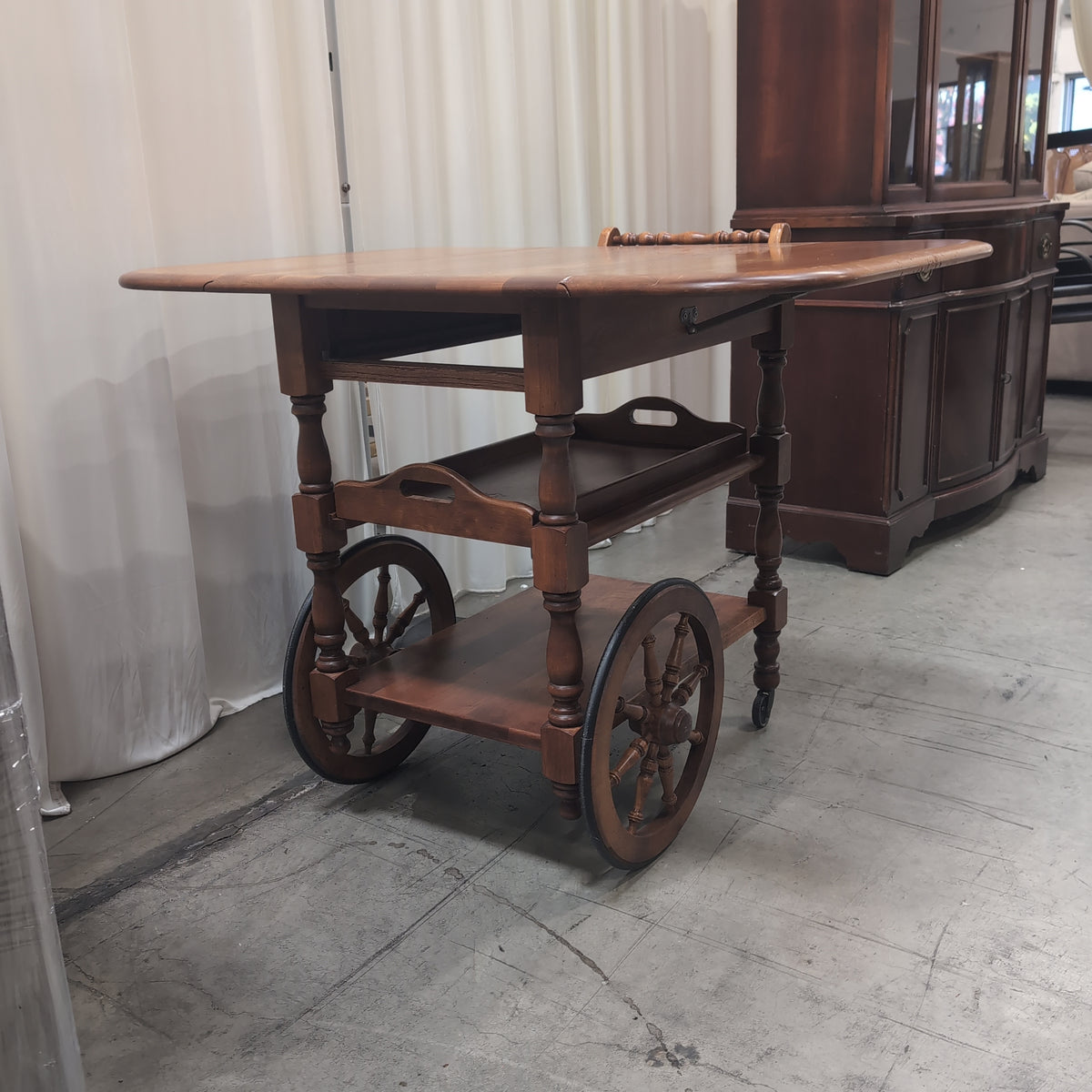 Medium Brown Wood Drop Leaf Rolling Tea Cart
