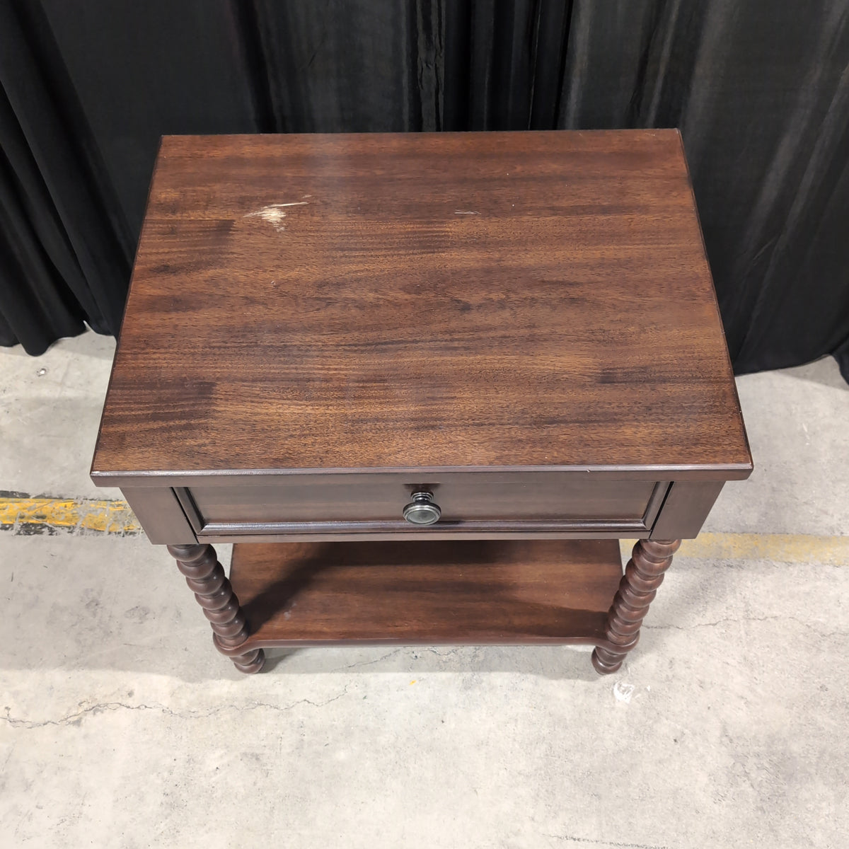 Dark Wood Single Drawer Nightstand with Bobbin Legs