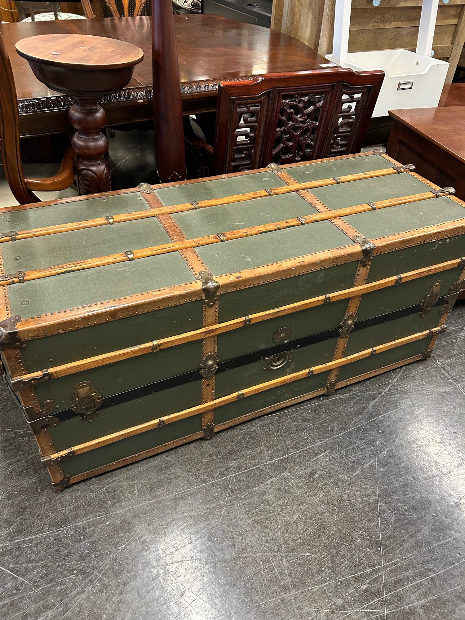 Olive Green and Wood Trim Meek Trunk