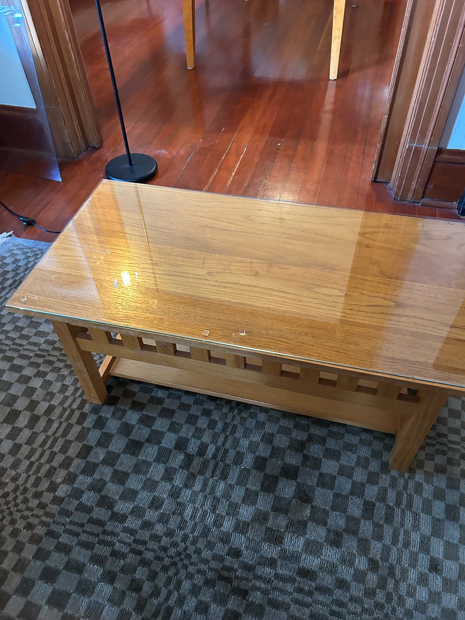 Mission Style Wood Coffee Table With Glass Top.