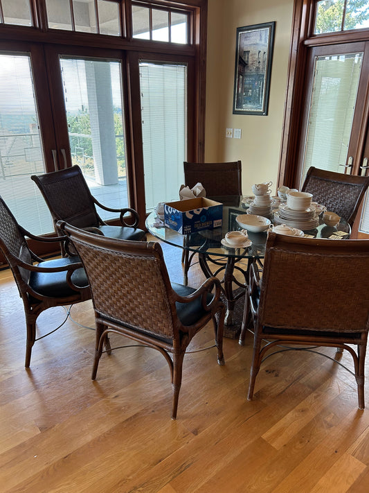 Hollywood Regency Glass and Metal And Rattan  Patio Table and 6 Chairs
