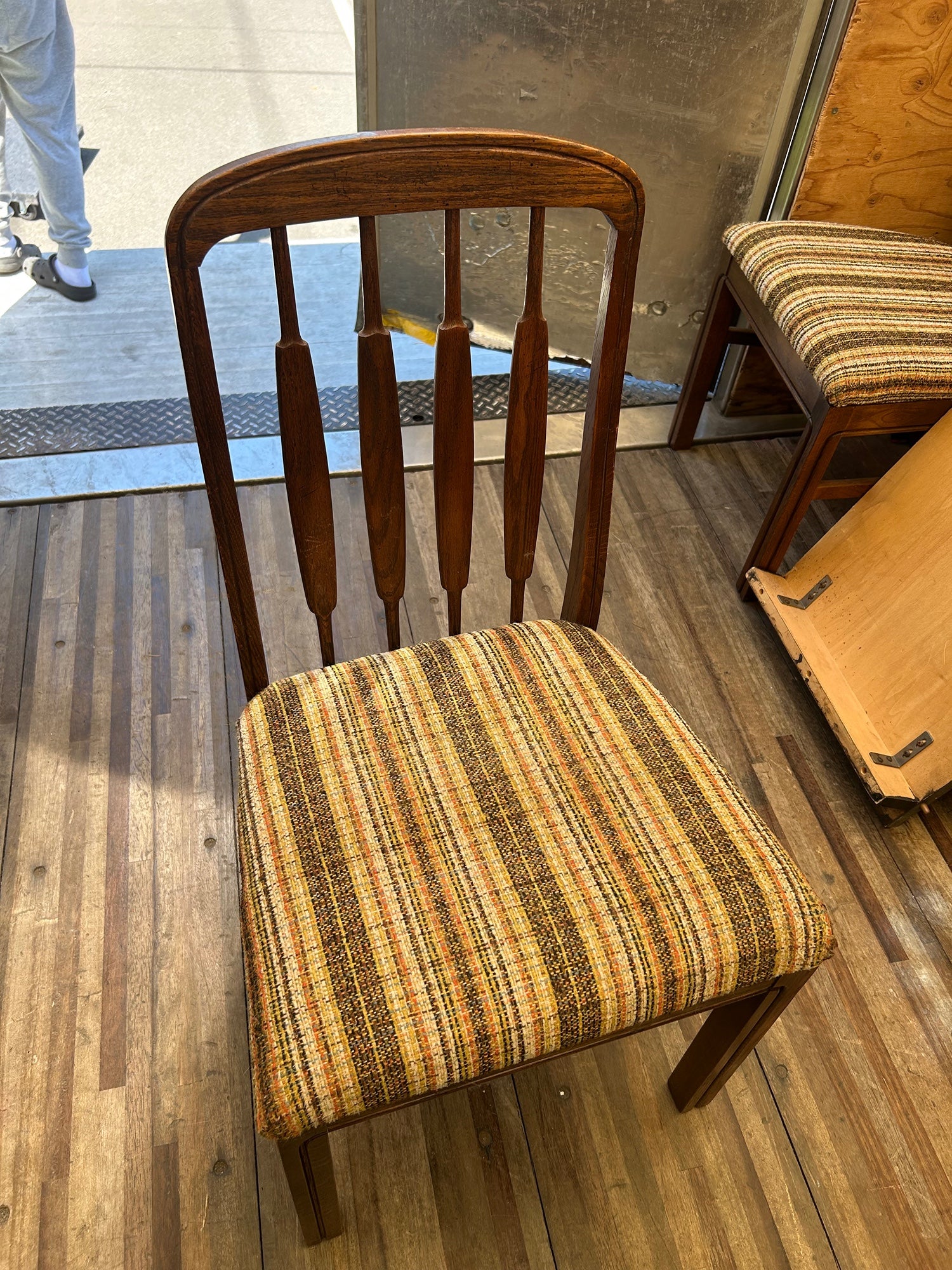 Vintage Walnut Dining Chair with Striped Upholstery