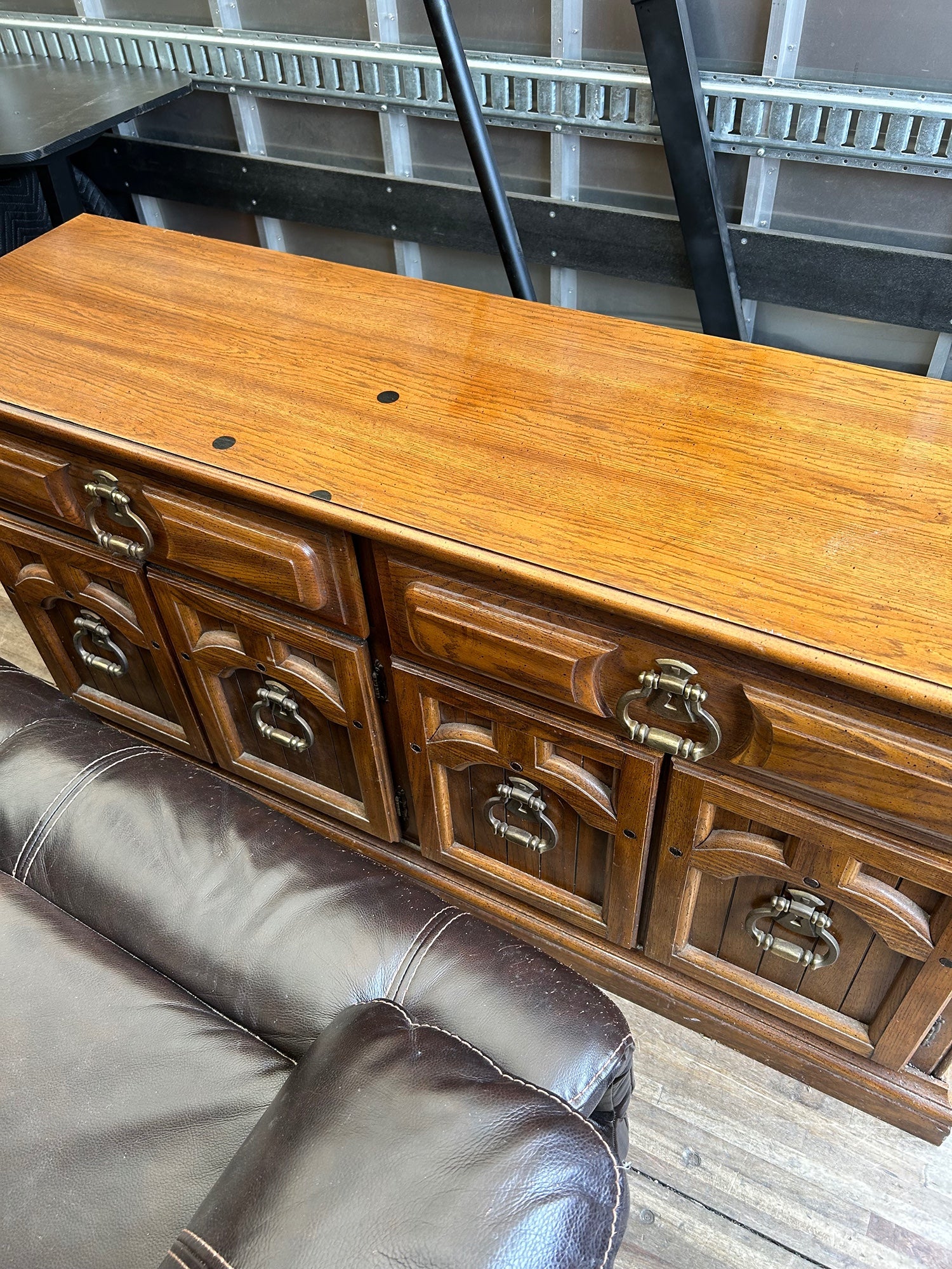 Vintage Paneled Wood Credenza with Brass Hardware