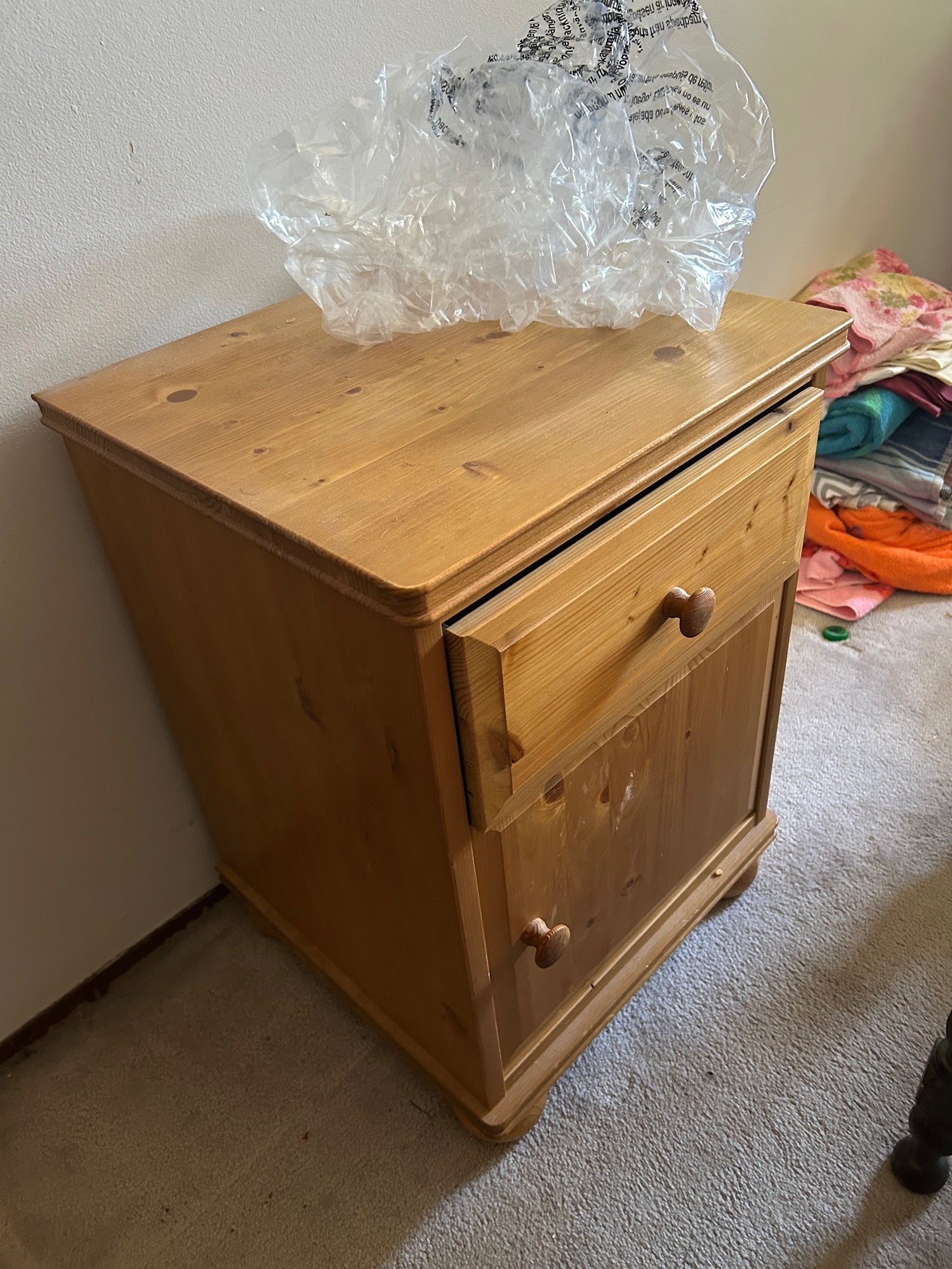 Pine Nightstand with Drawer and Cabinet