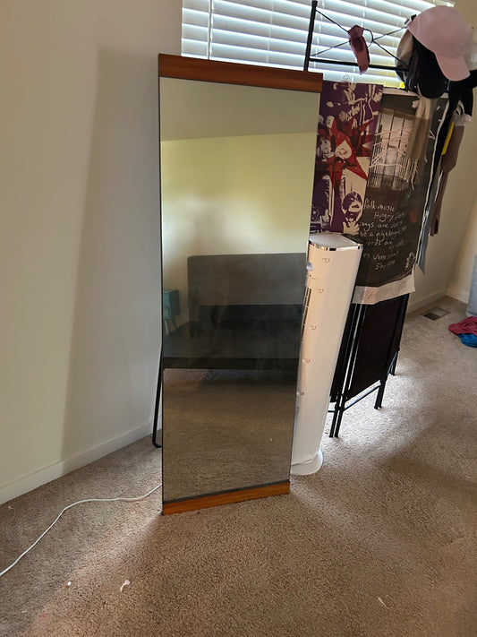 Mid-Century Style Standing Mirror with Wood Trim