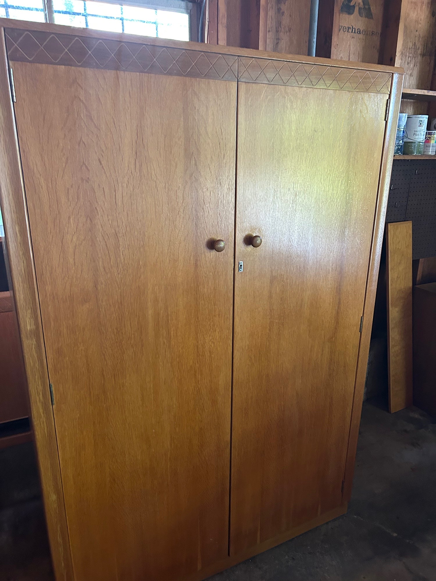 Mid-Century Wardrobe Armoire with Diamond Inlay Detail