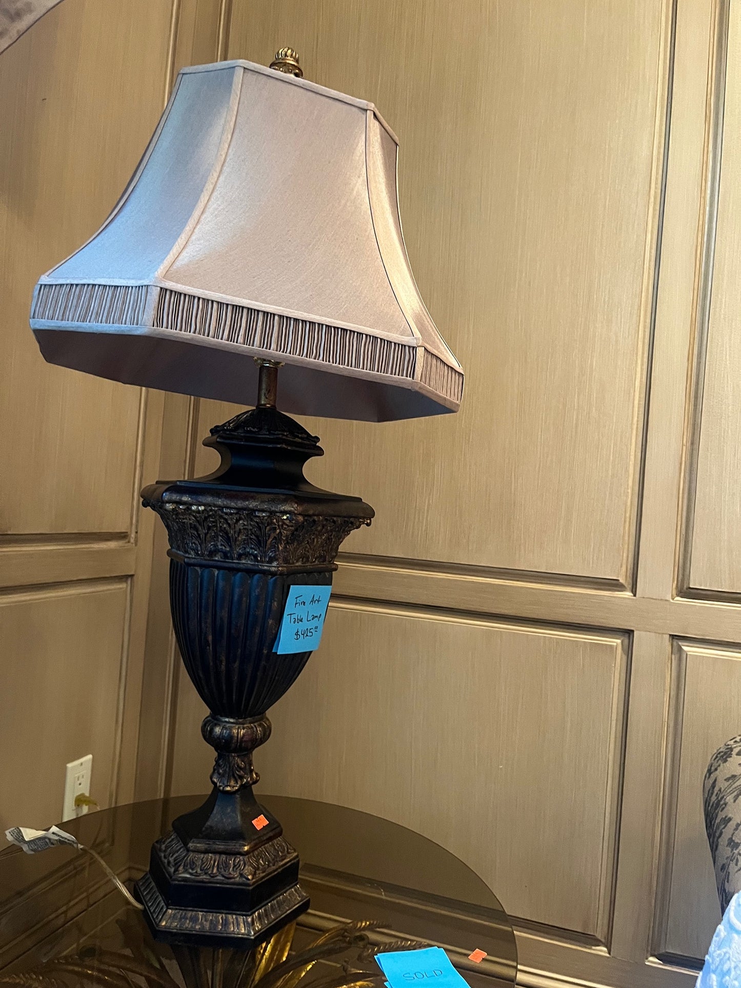 Antique-Style Metal Table Lamp with Mauve Lampshade