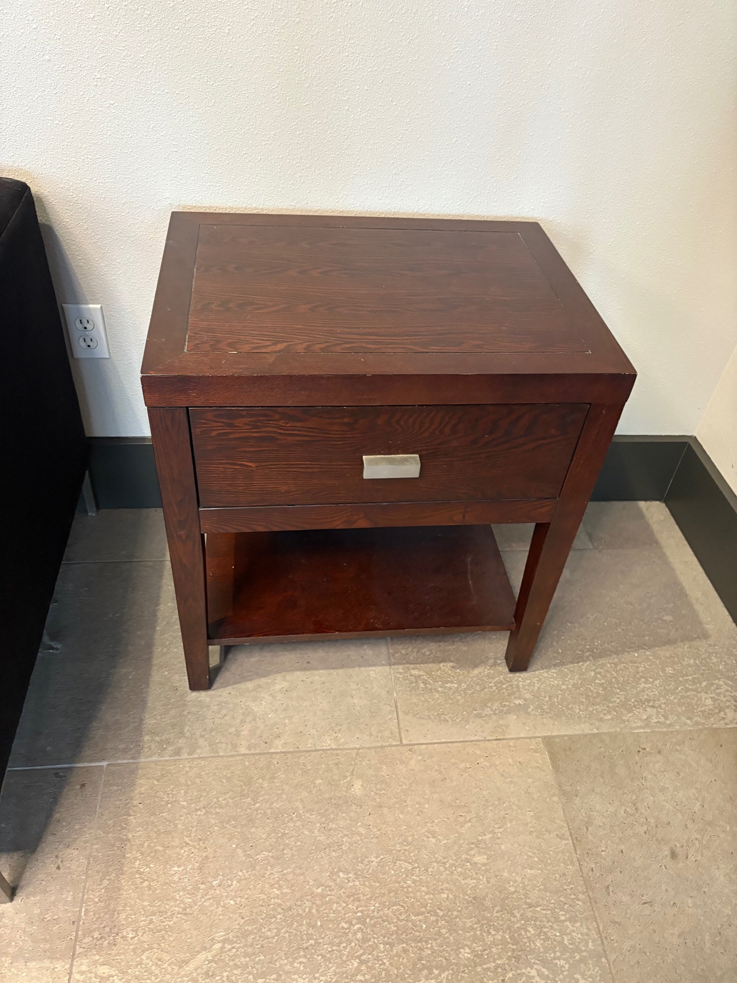 Dark Brown Hardwood Nightstand with Single Drawer