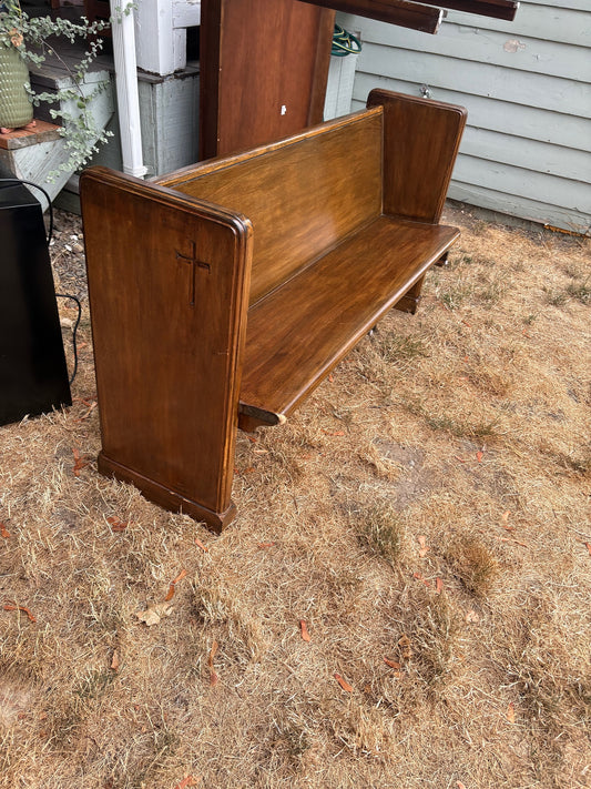 Vintage Solid Wood Church Pew with Carved Cross Detail