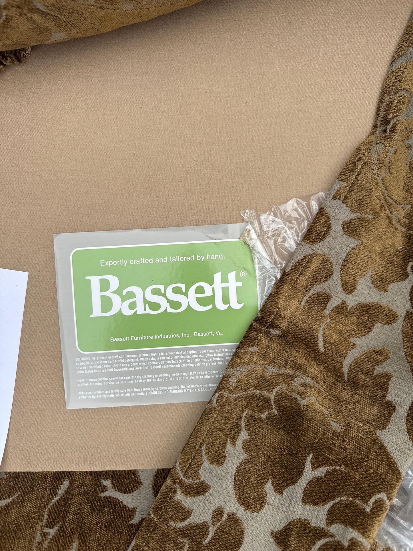Vintage Bassett Damask Sofa with Fringe Trim Pillows we