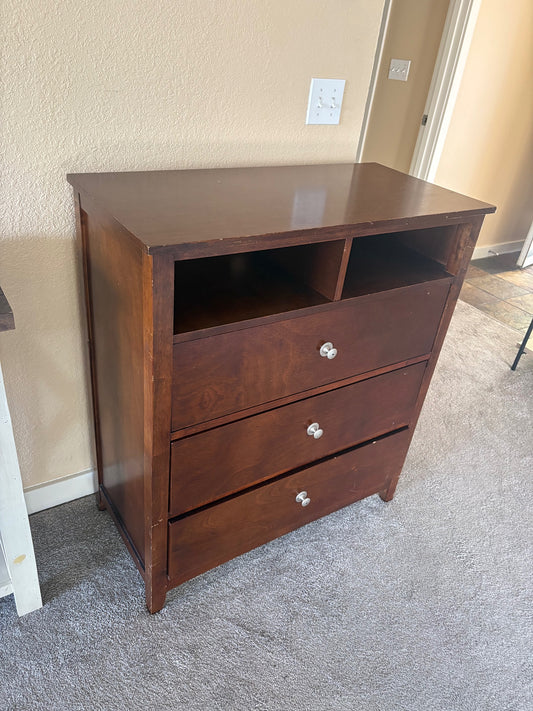 Rich Hardwood Three-Drawer Chest with Media Shelf