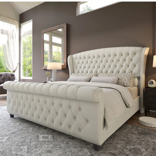 Tufted Upholstered Wingback Queen Bed – Cream Fabric, New in Box