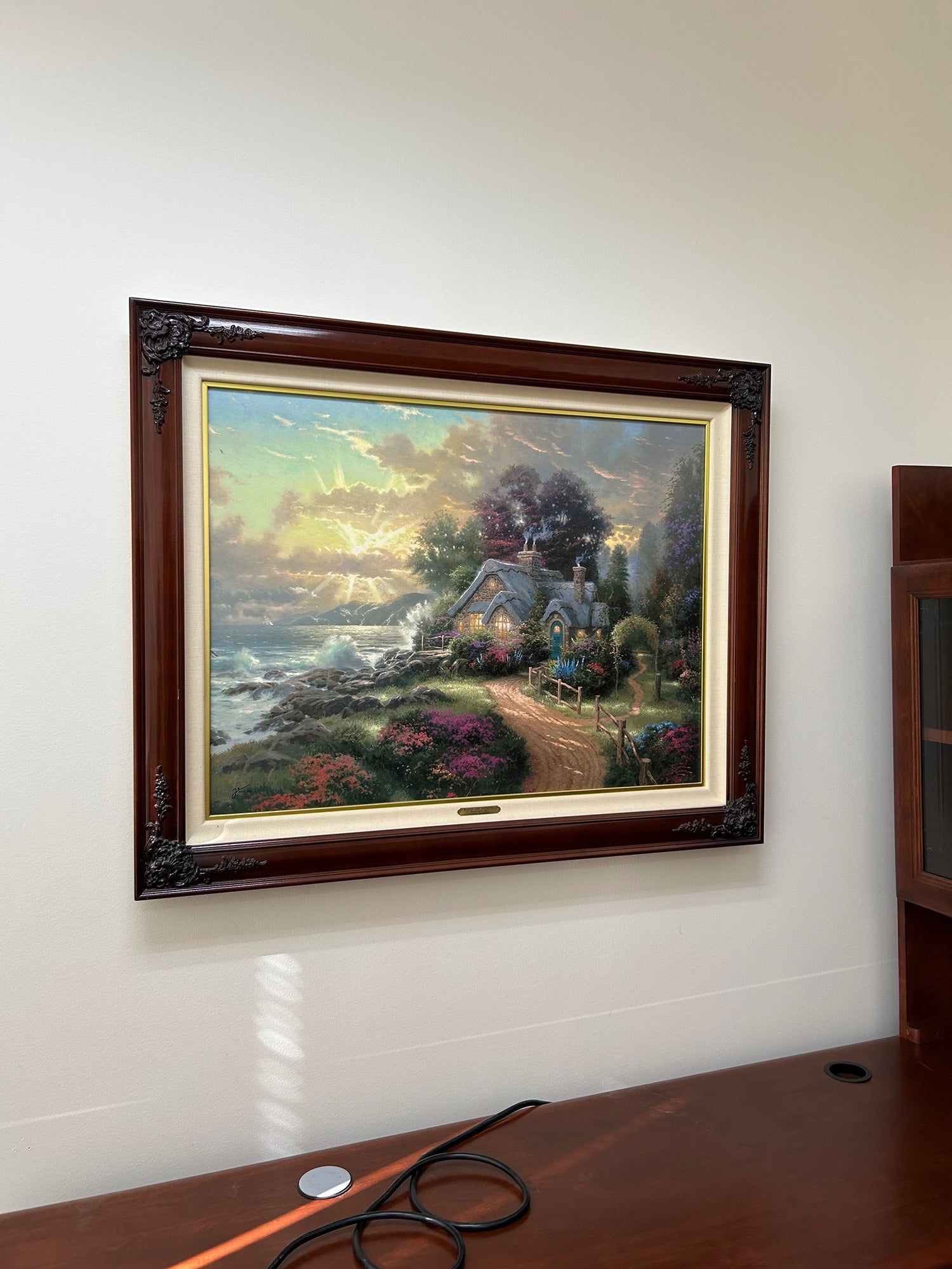 Thomas Kinkade Coastal Cottage Canvas Art in Dark Wood Frame