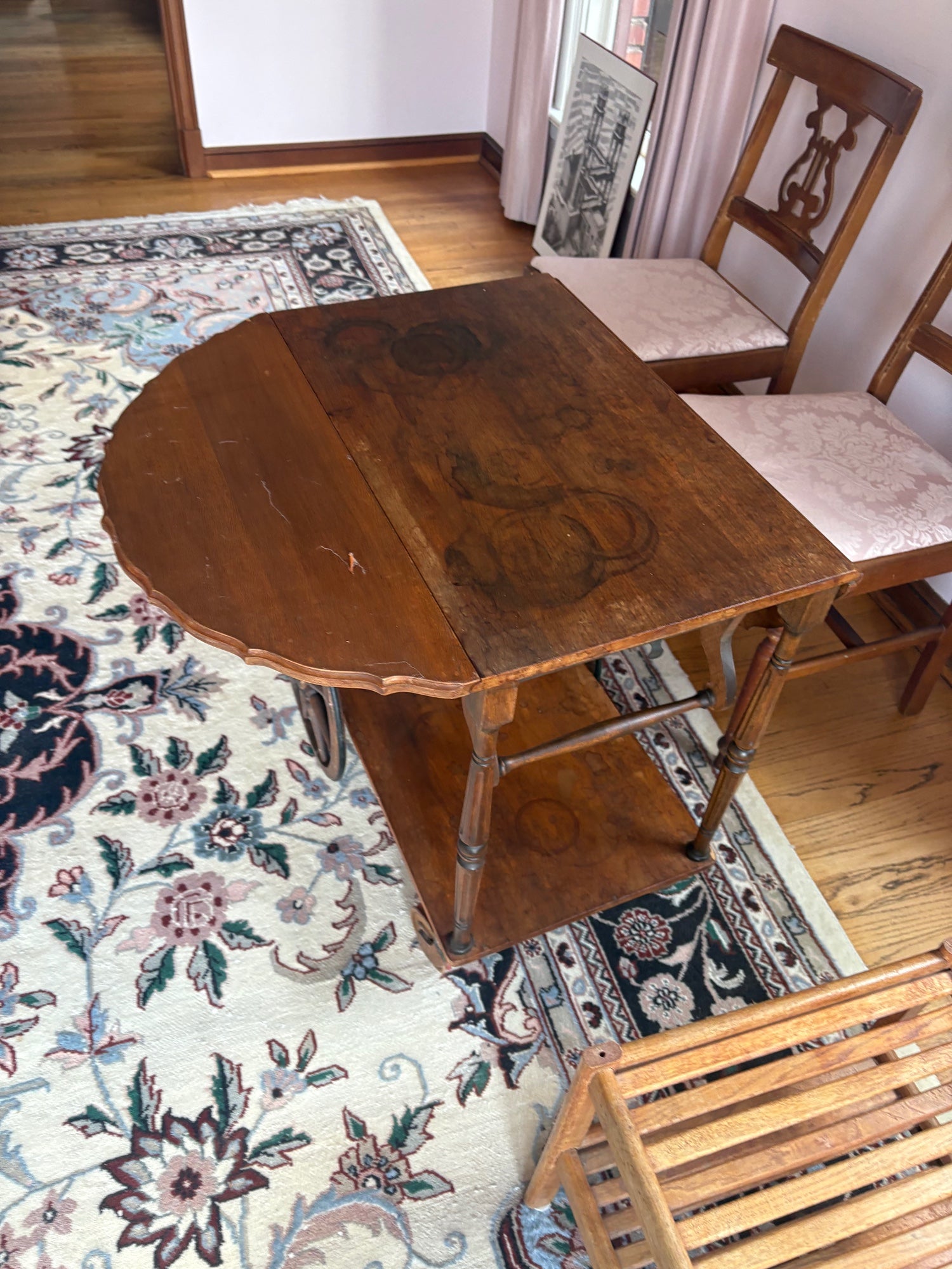 Antique Brown Wood Serving Cart with Drop-Leaf Top