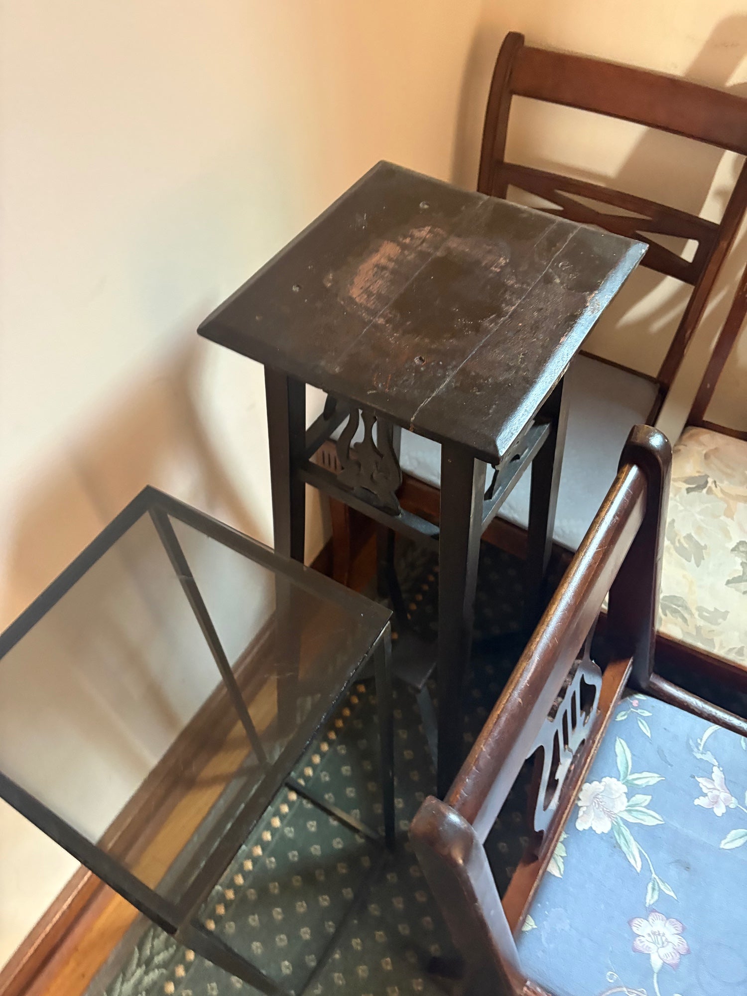 Dark Wood End Table with Intricate Carving