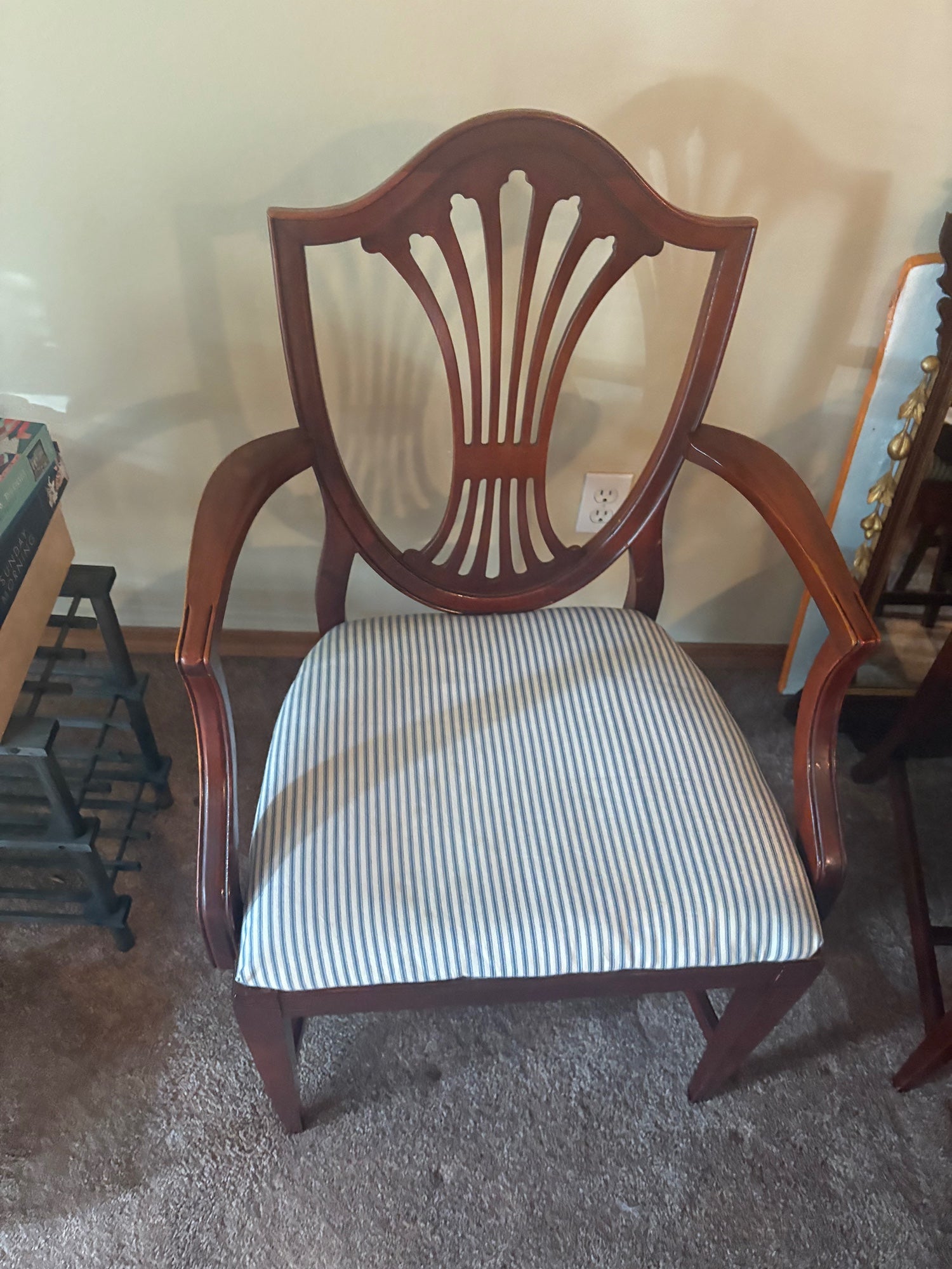 Classic Hardwood Dining Chair with Blue Stripe Seat (With Arms)