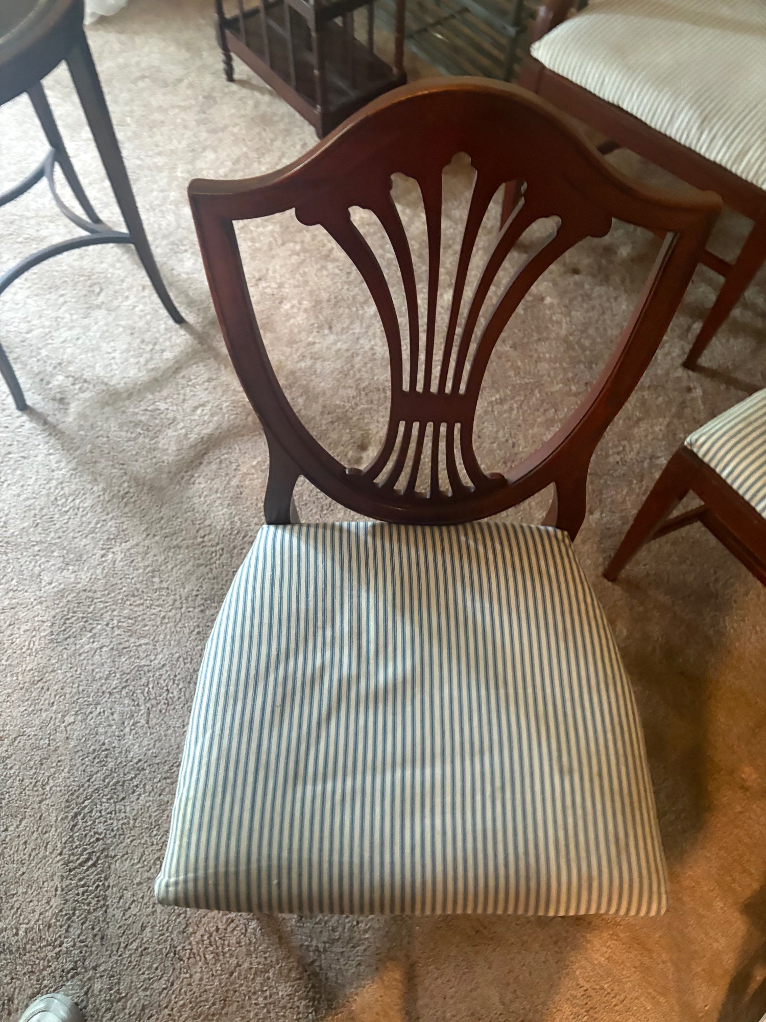 Classic Brown Hardwood Dining Chair with Blue Striped Seat (No Arms)