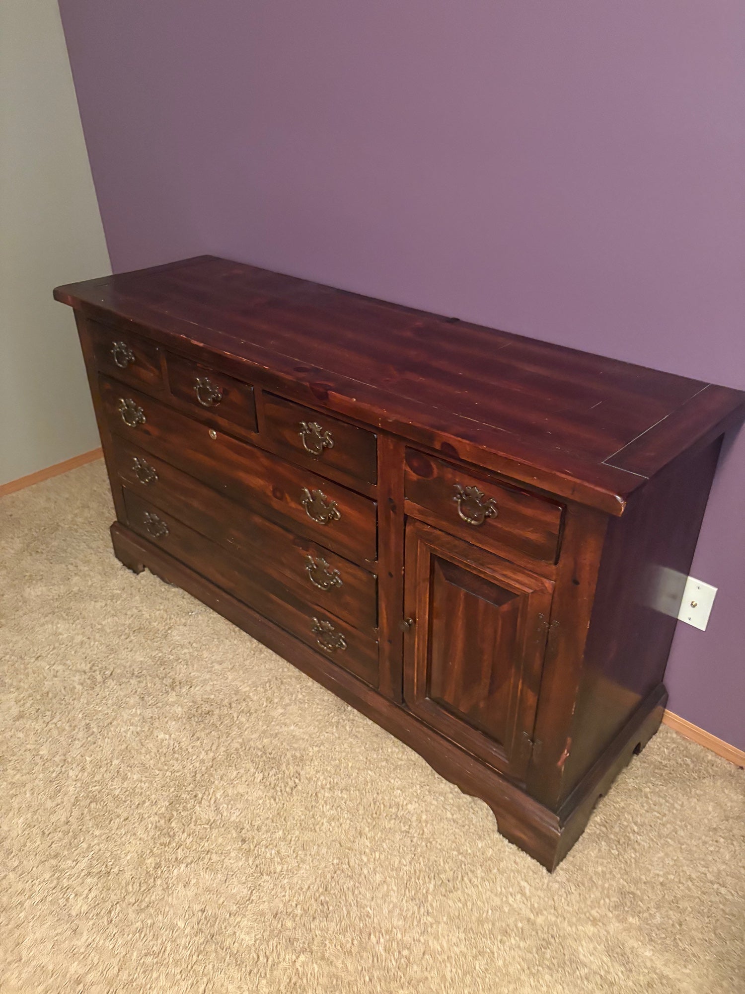 Rustic Brown Seven Drawer and One Cabinet Hardwood Dresser
