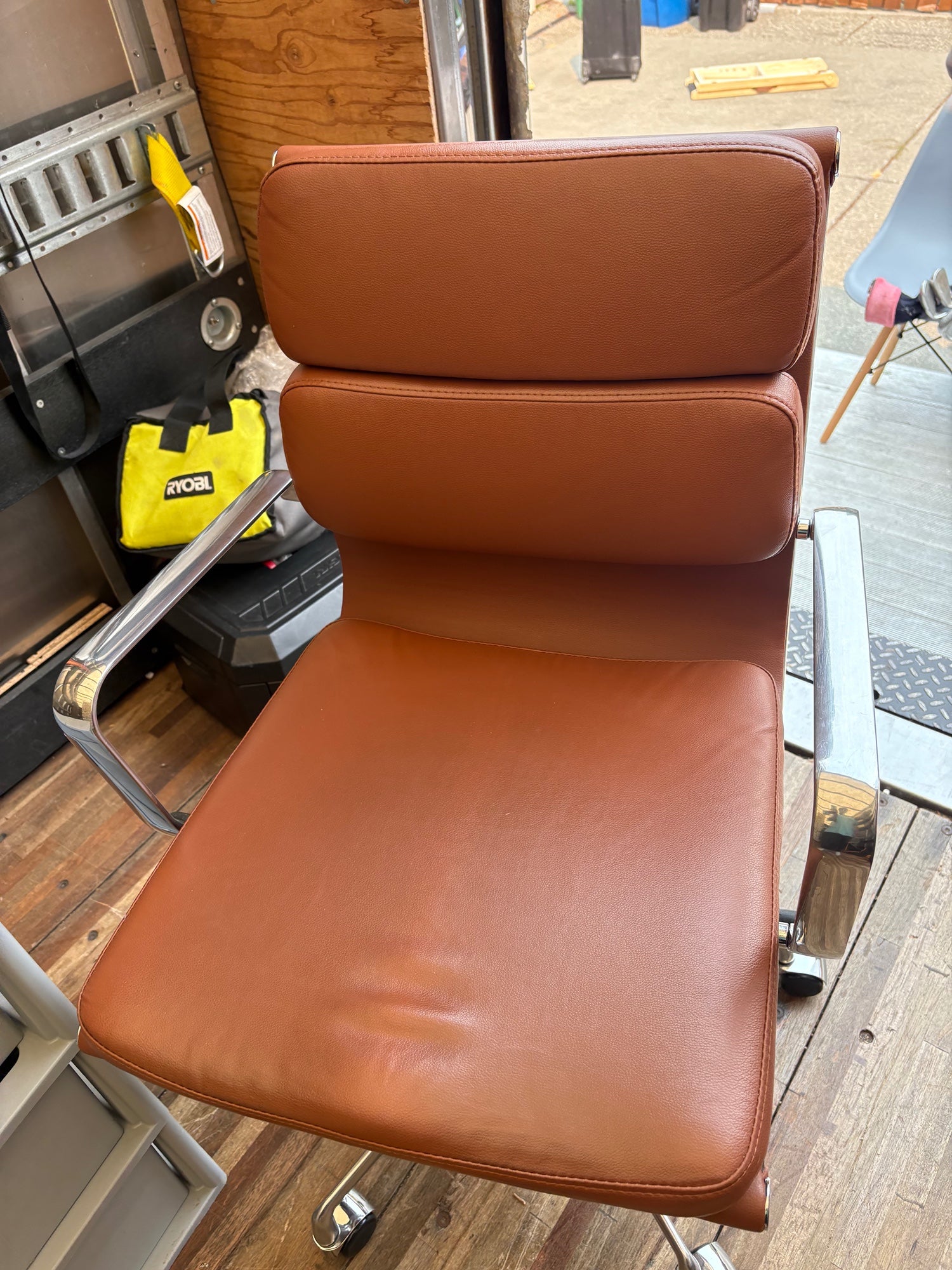 Mid-Century Modern Brown Leather Office Chair with Chrome Base