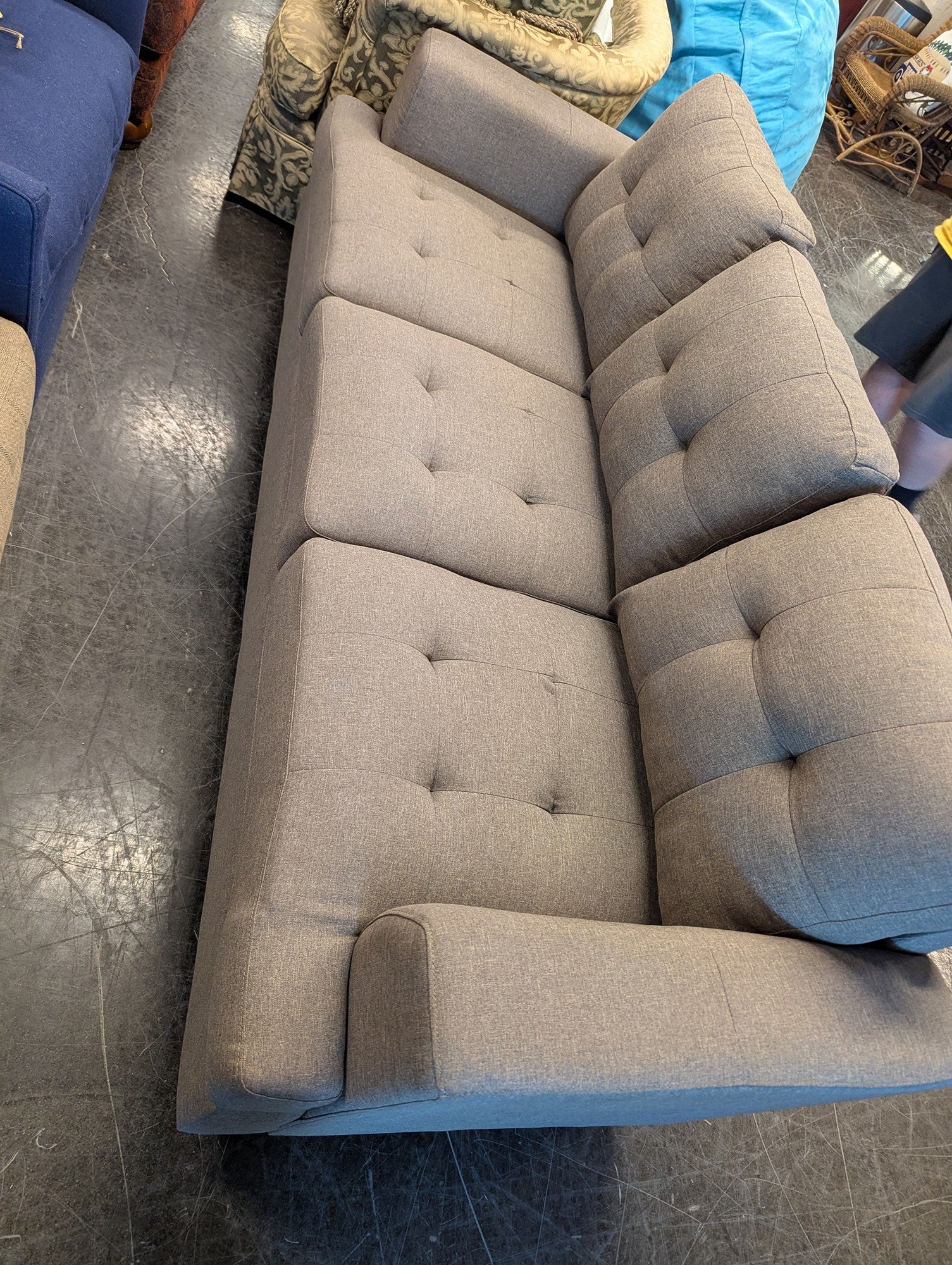 Mid-Century Modern Tufted Sofa in Gray Fabric