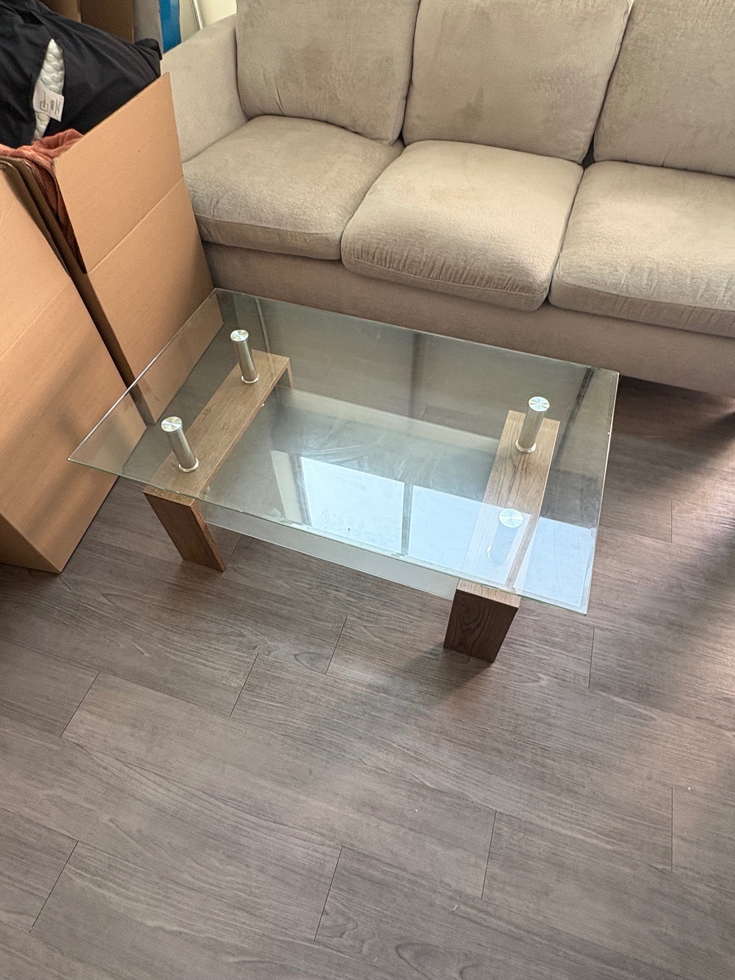 Modern Glass-Top Coffee Table with Wood Accents