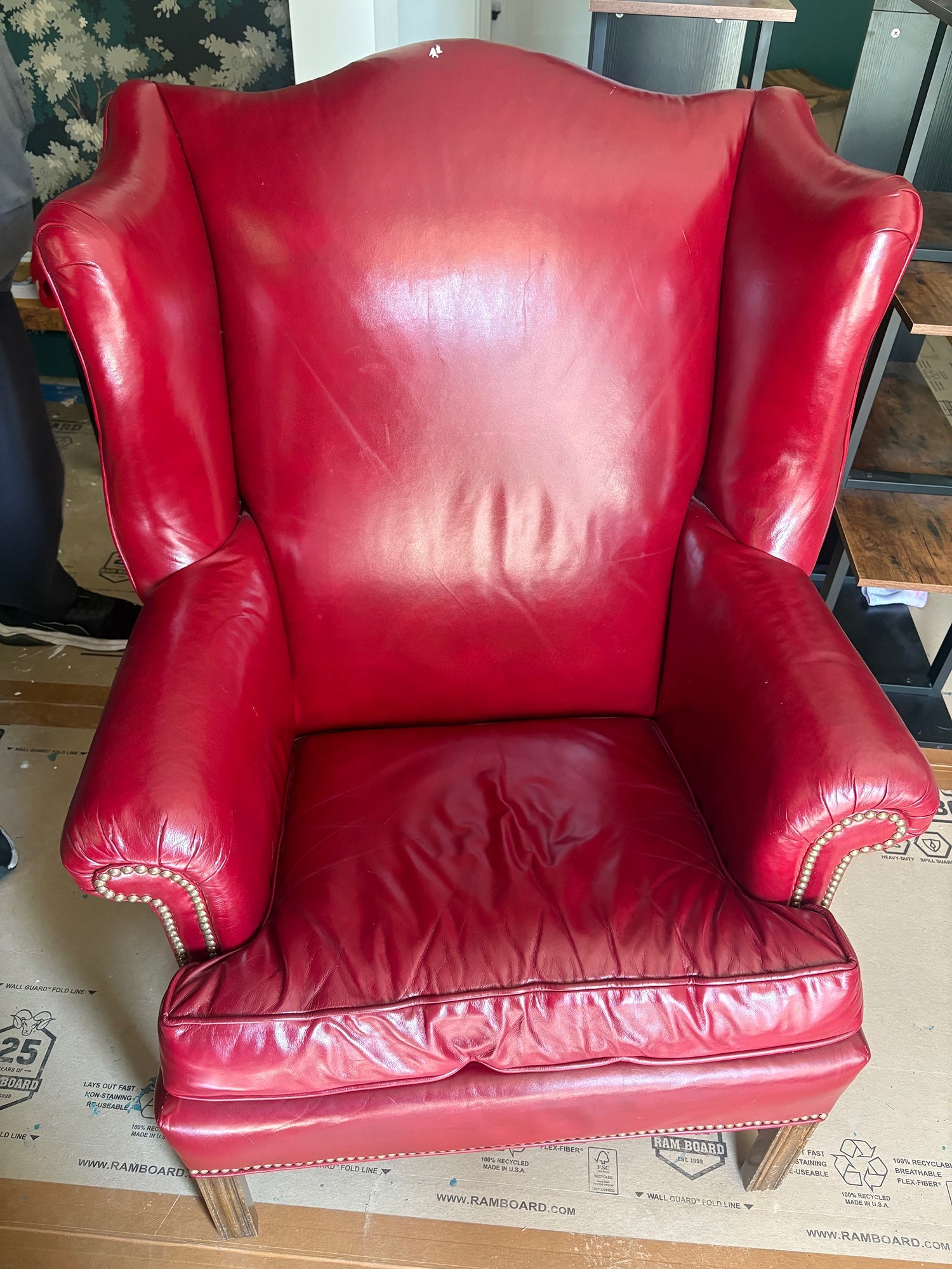 Warehouse Sale - Ethan Allen Crimson Leather Wingback Chair - Broken springs needs repair